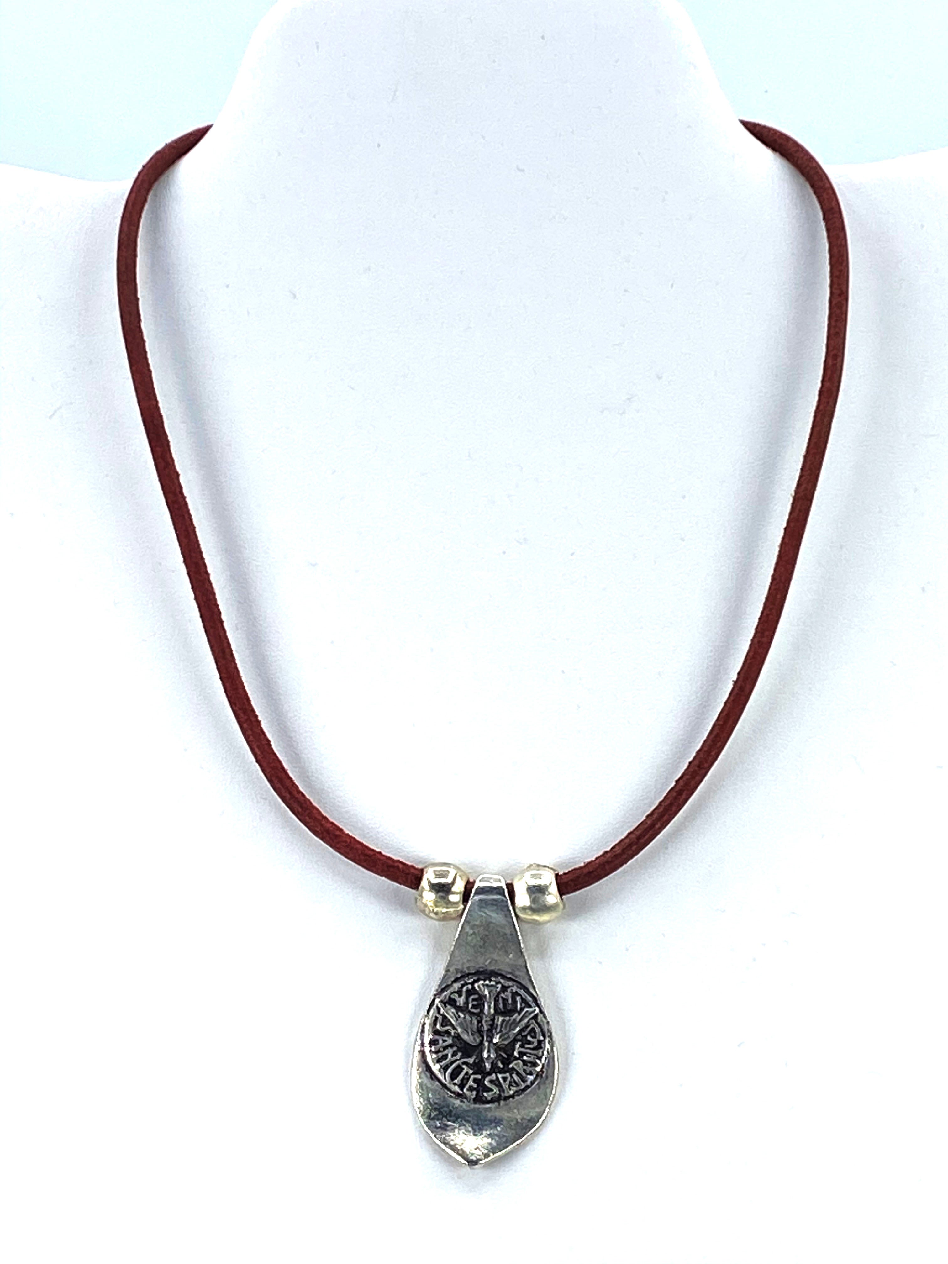 Vintage Necklace of The Holy Spirit Handmade Jewelry with Genuine Leather Strap by Graciela's Collection