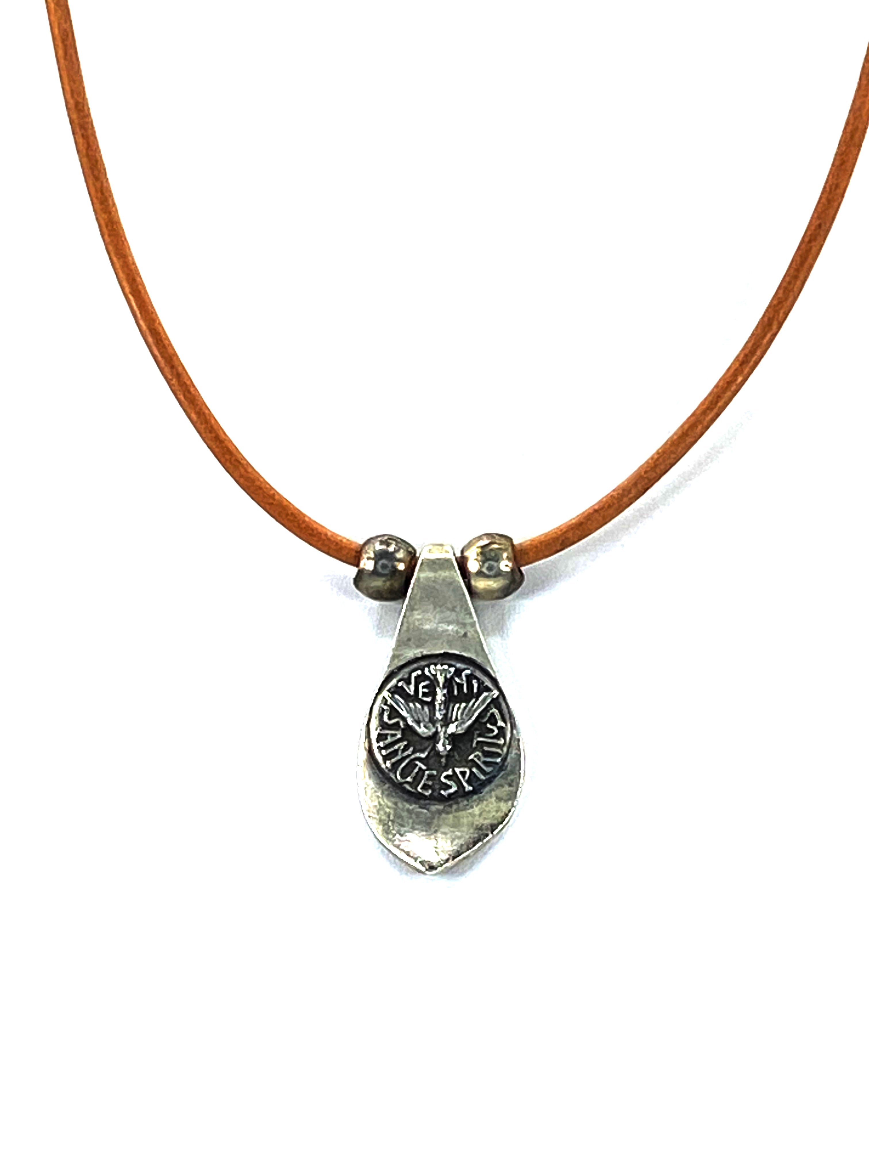 Vintage Necklace of The Holy Spirit Handmade Jewelry with Genuine Leather Strap by Graciela's Collection