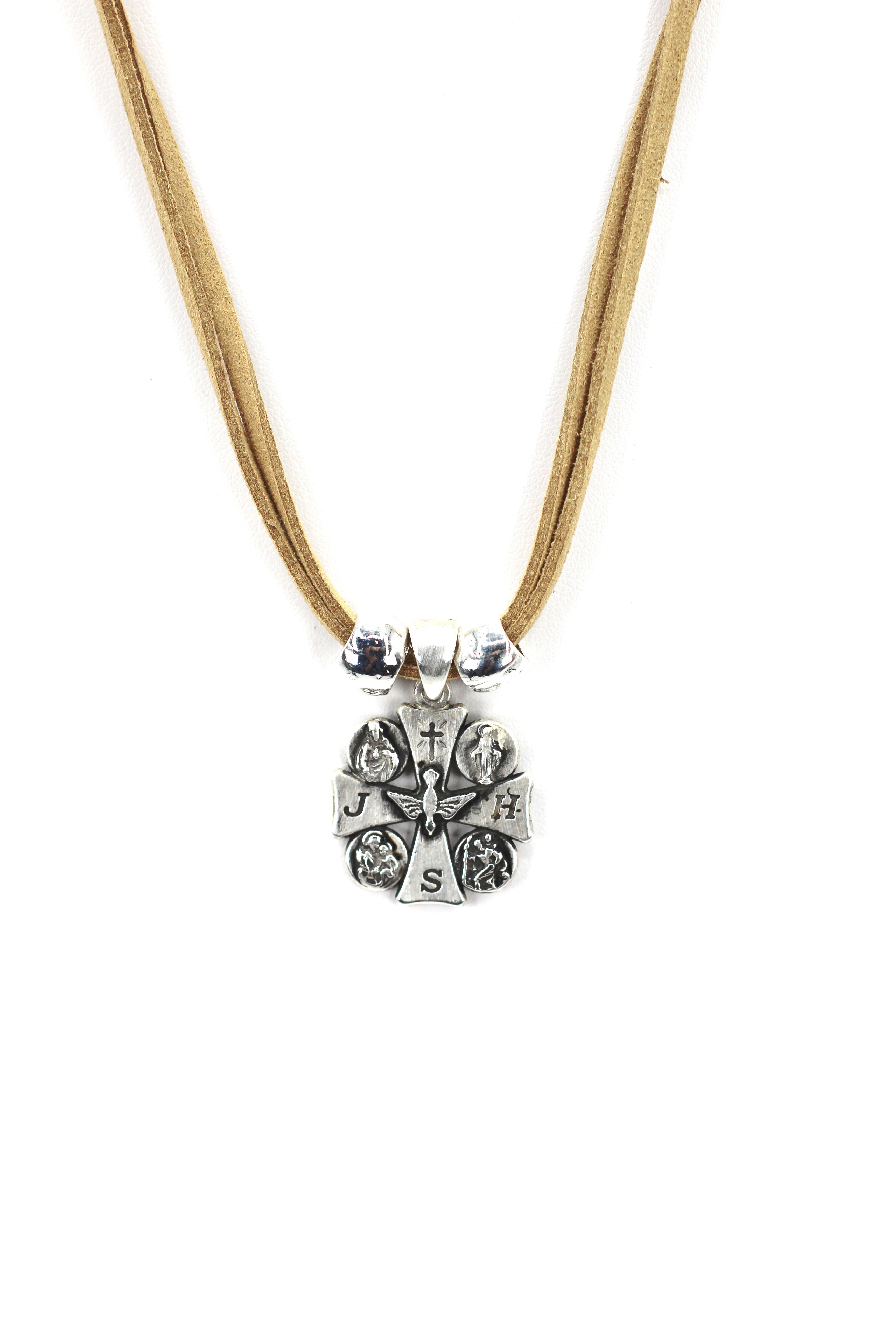 Holy Spirit Cross Necklace Handmade Jewelry with Genuine Leather Strap by Graciela's Collection