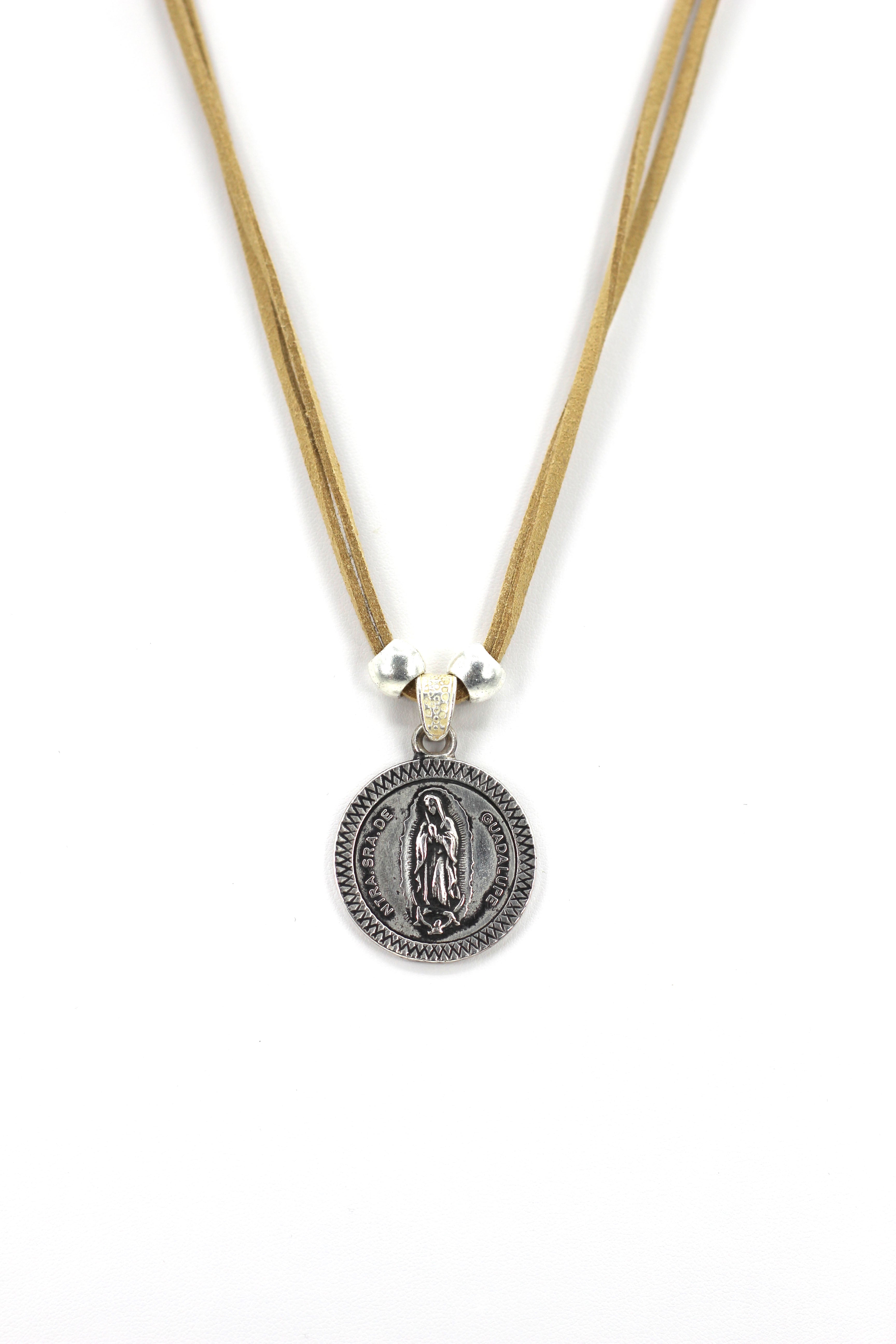 Vintage Medallion Necklace of Our Lady Of Guadalupe - Nuestra Sra de Guadalupe Jewelry with Genuine Leather strap by Graciela's Collection