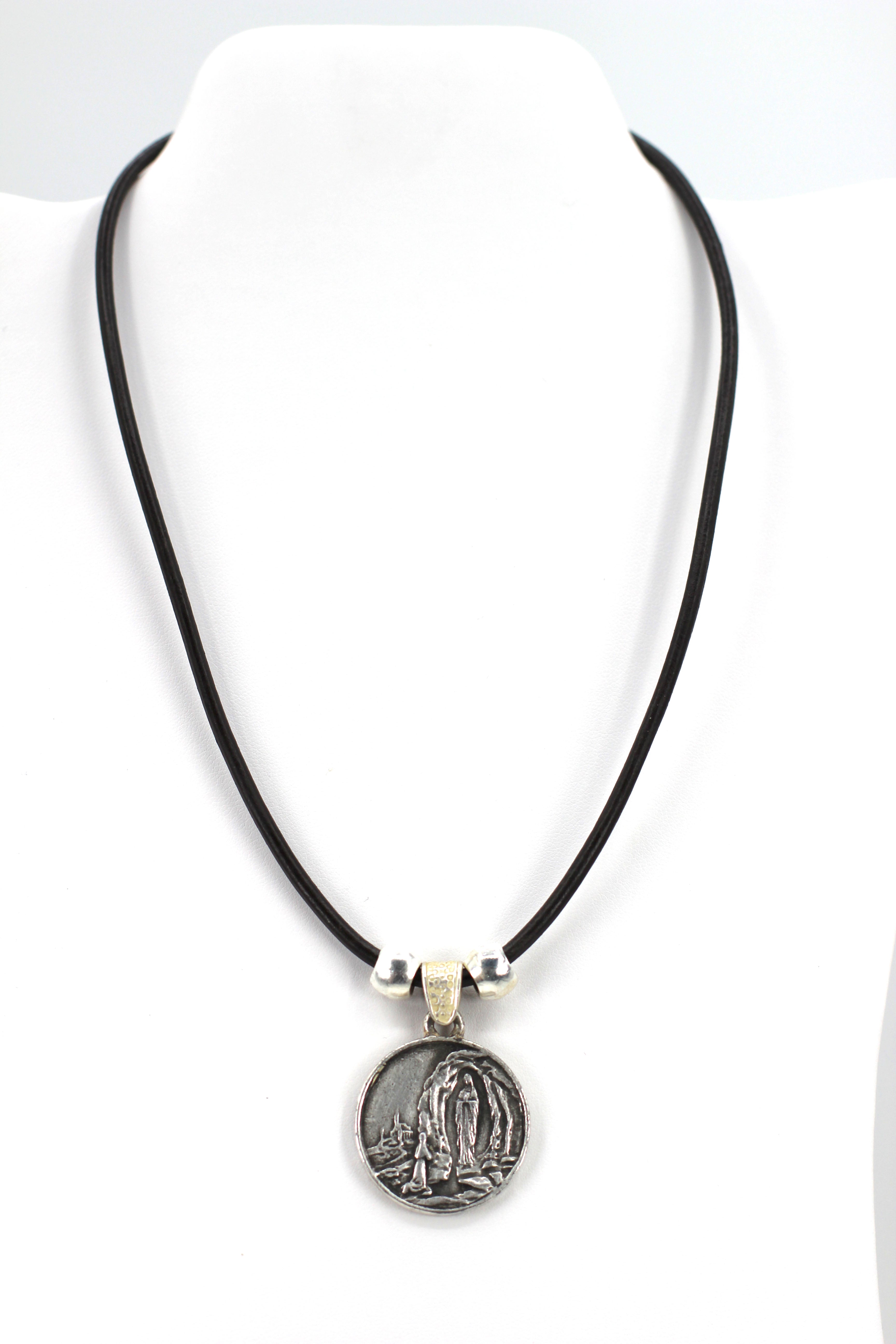 Vintage Necklace of Our Lady Of Lourdes Jewelry with Genuine Leather strap by Graciela's Collection
