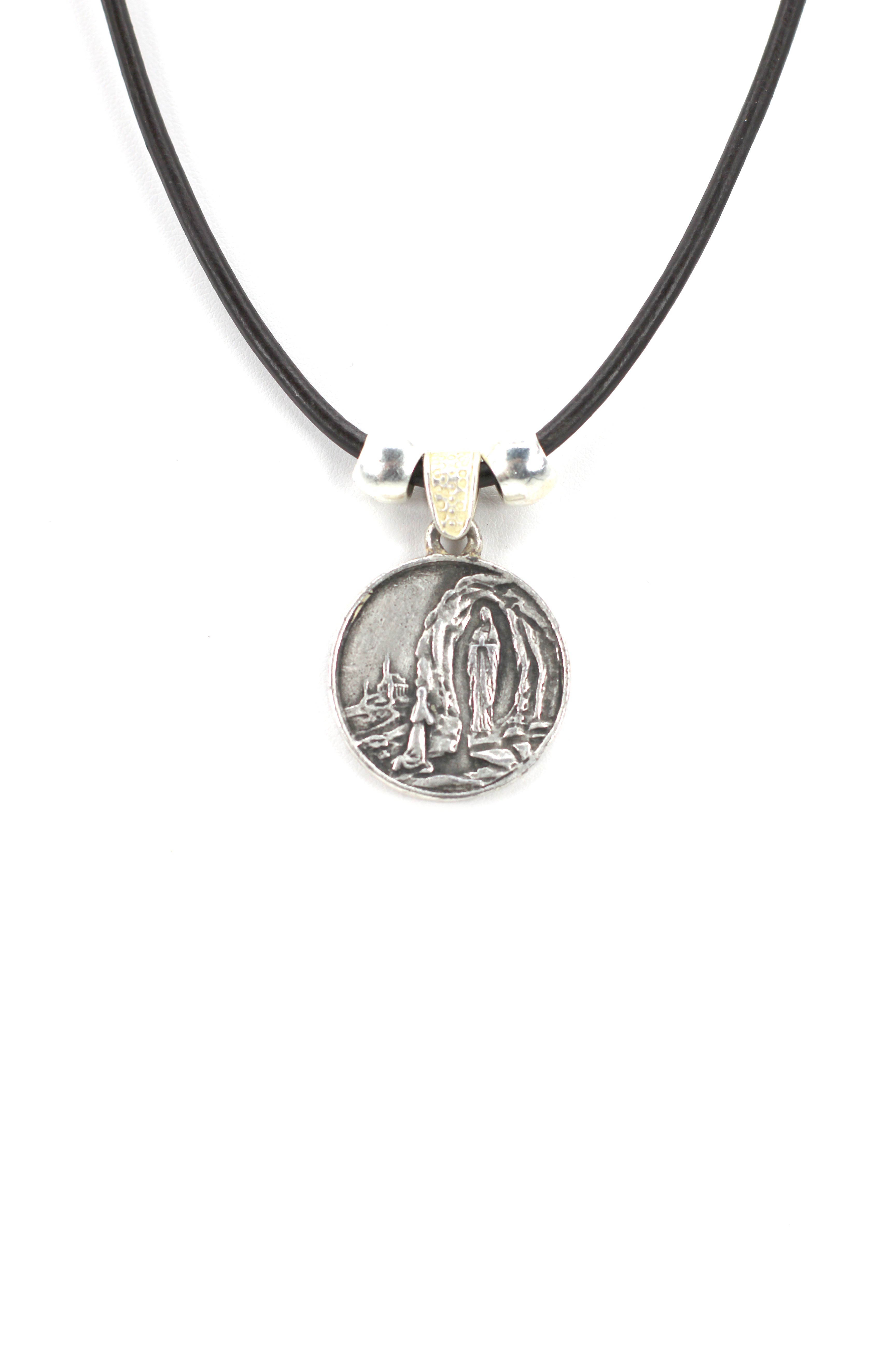 Vintage Necklace of Our Lady Of Lourdes Jewelry with Genuine Leather strap by Graciela's Collection
