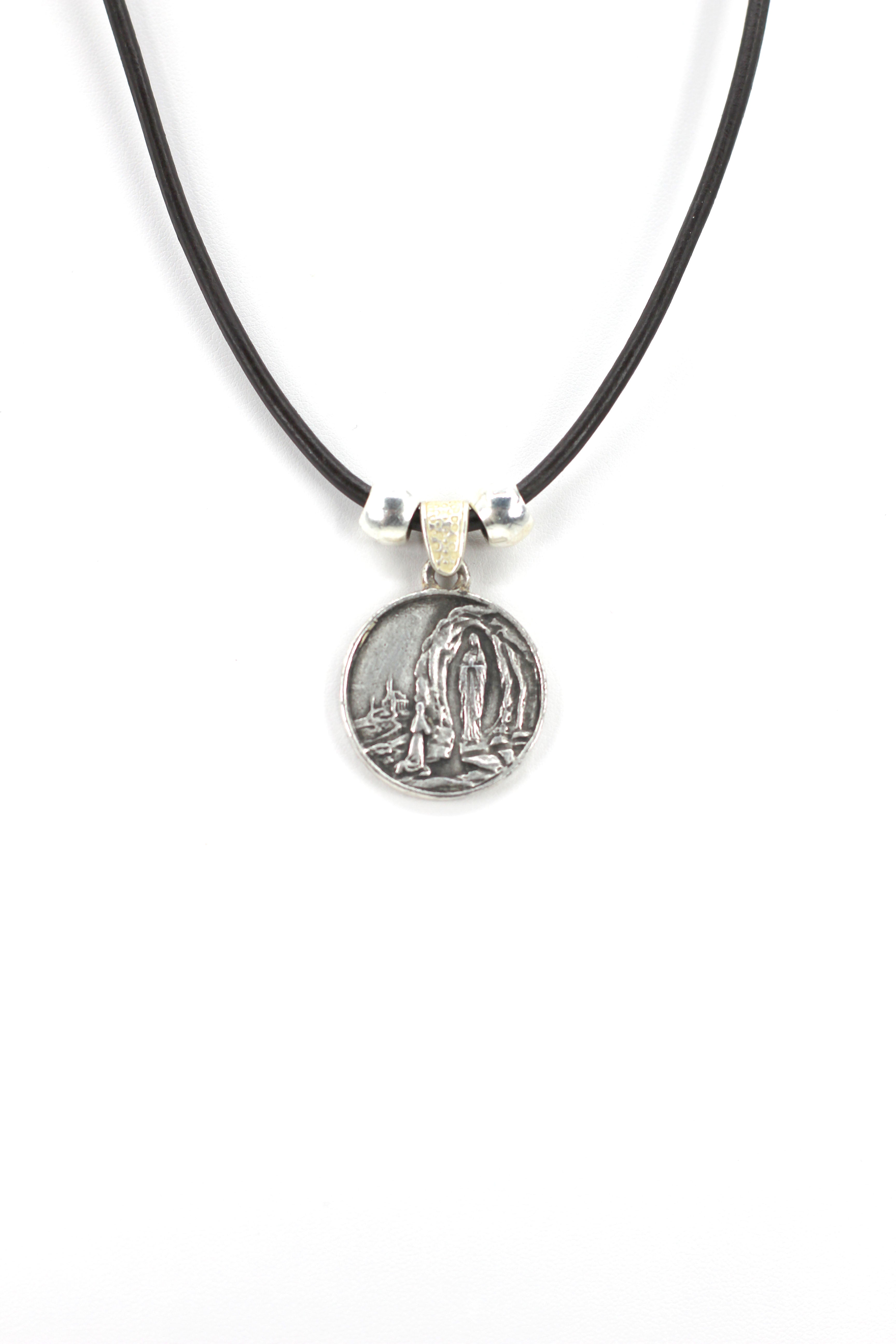 Vintage Necklace of Our Lady Of Lourdes Jewelry with Genuine Leather strap by Graciela's Collection