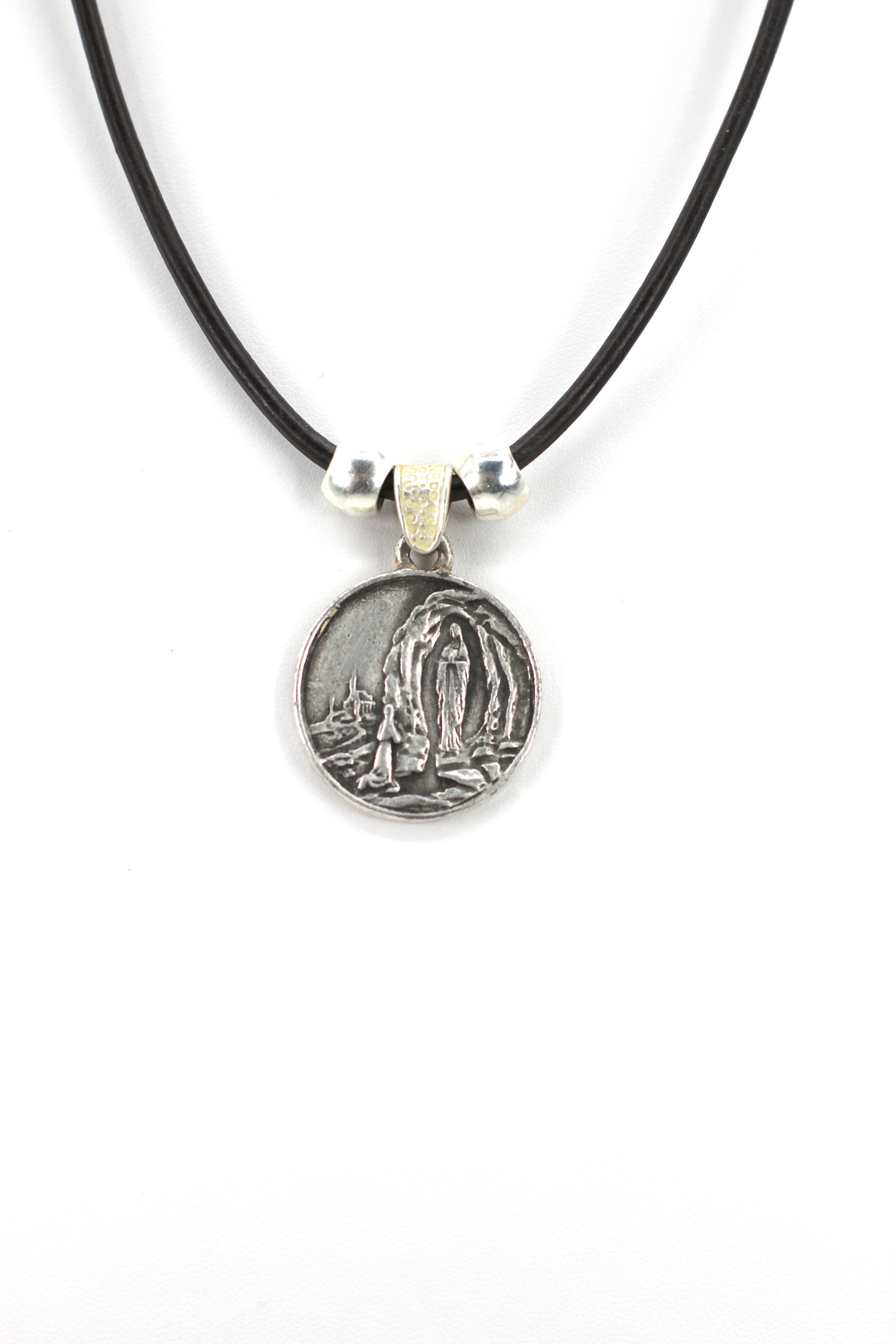 Vintage Necklace of Our Lady Of Lourdes Jewelry with Genuine Leather strap by Graciela's Collection