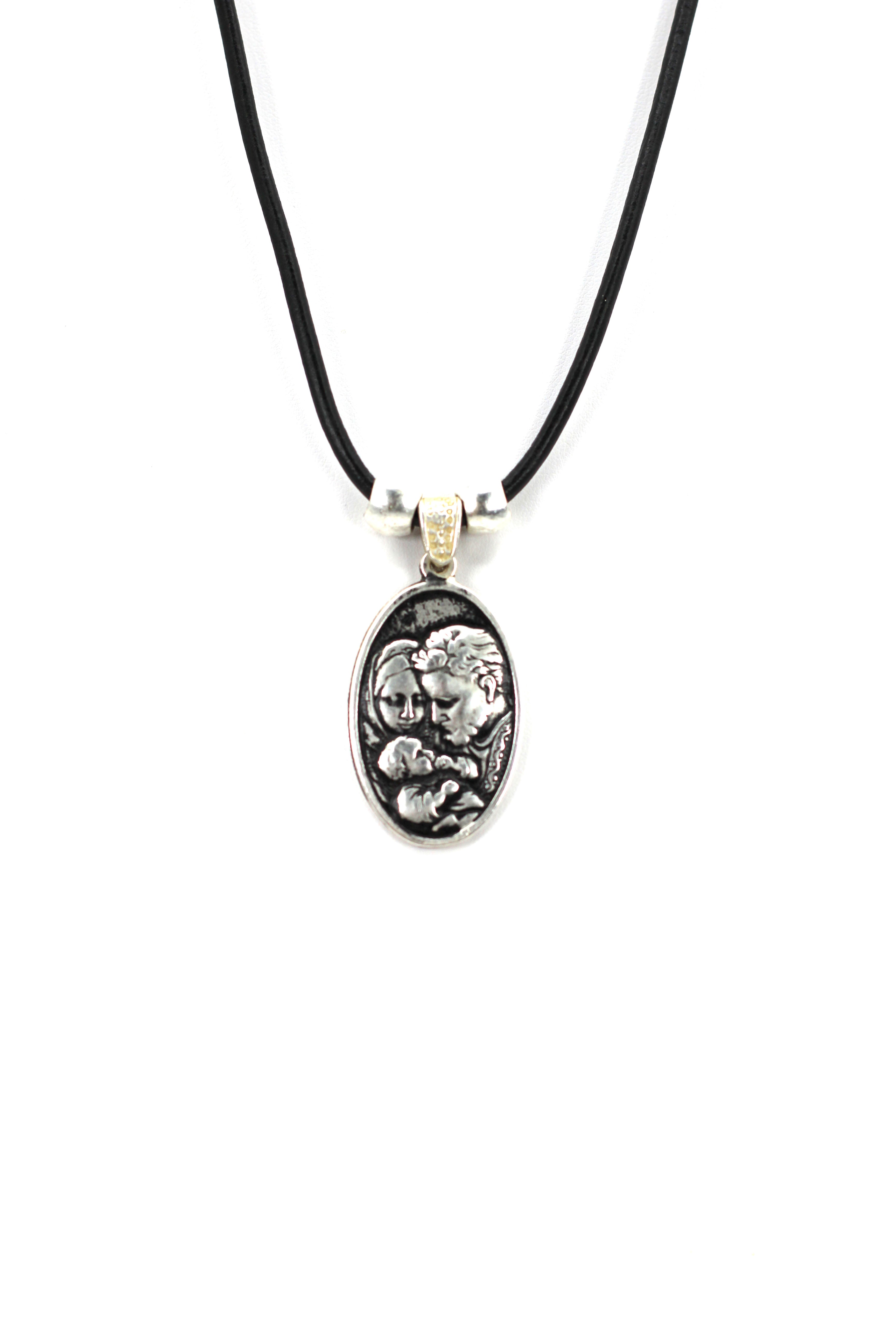 Vintage Necklace of The Sacred Family and The Holy Spirit Handmade Jewelry with Genuine Leather strap by Graciela's Collection