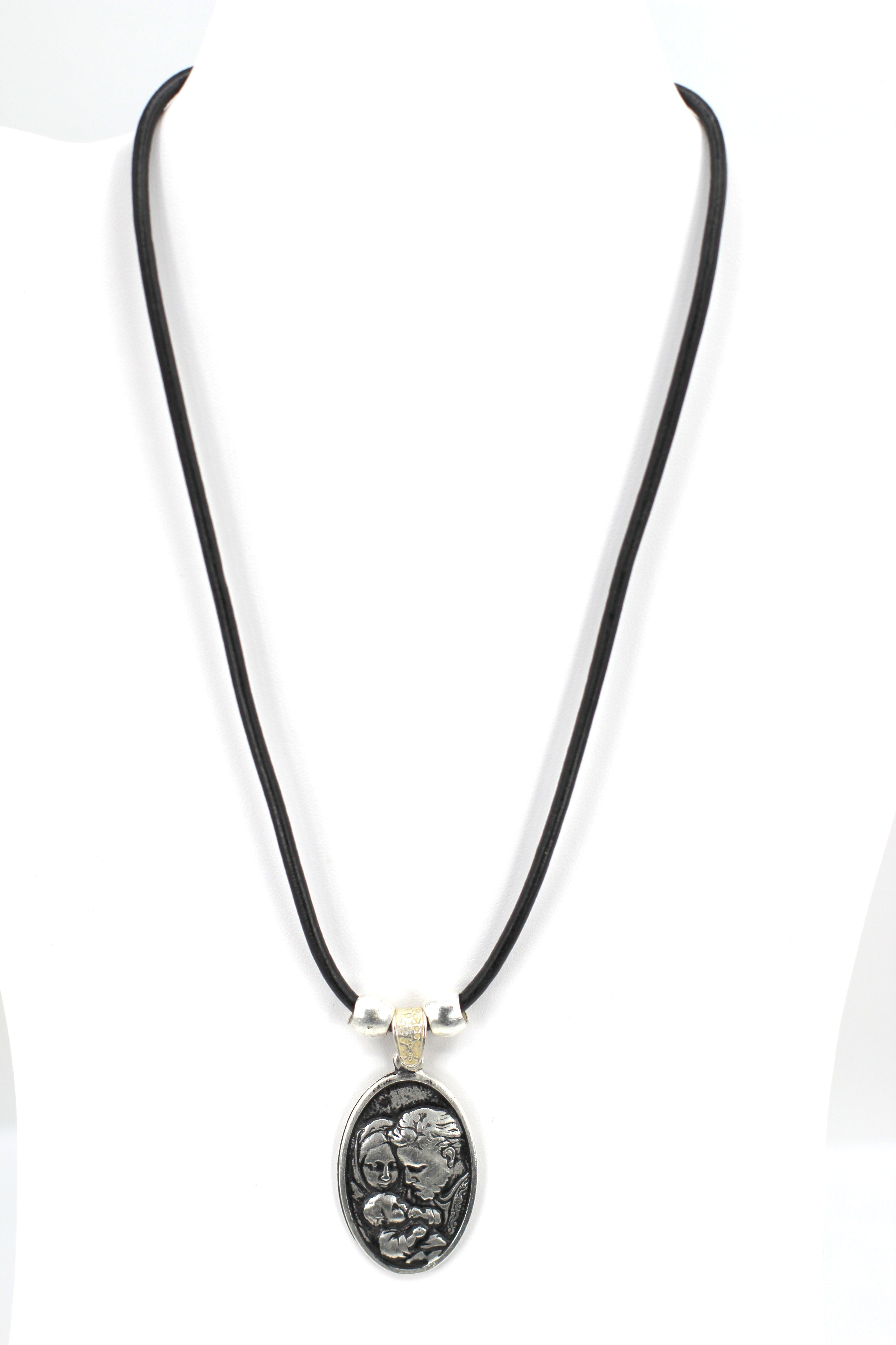 Vintage Necklace of The Sacred Family and The Holy Spirit Handmade Jewelry with Genuine Leather strap by Graciela's Collection