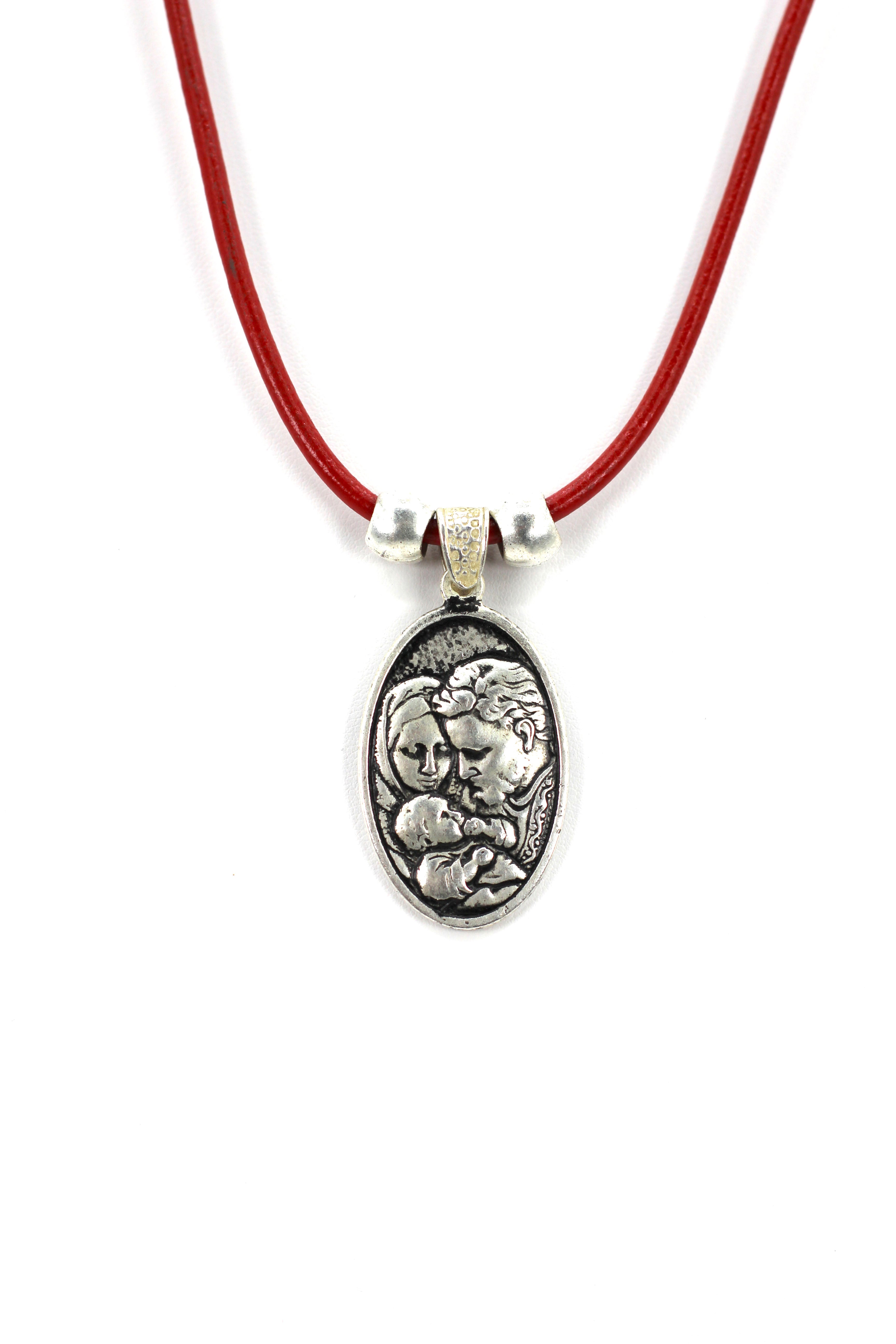 Vintage Necklace of The Sacred Family and The Holy Spirit Handmade Jewelry with Genuine Leather strap by Graciela's Collection