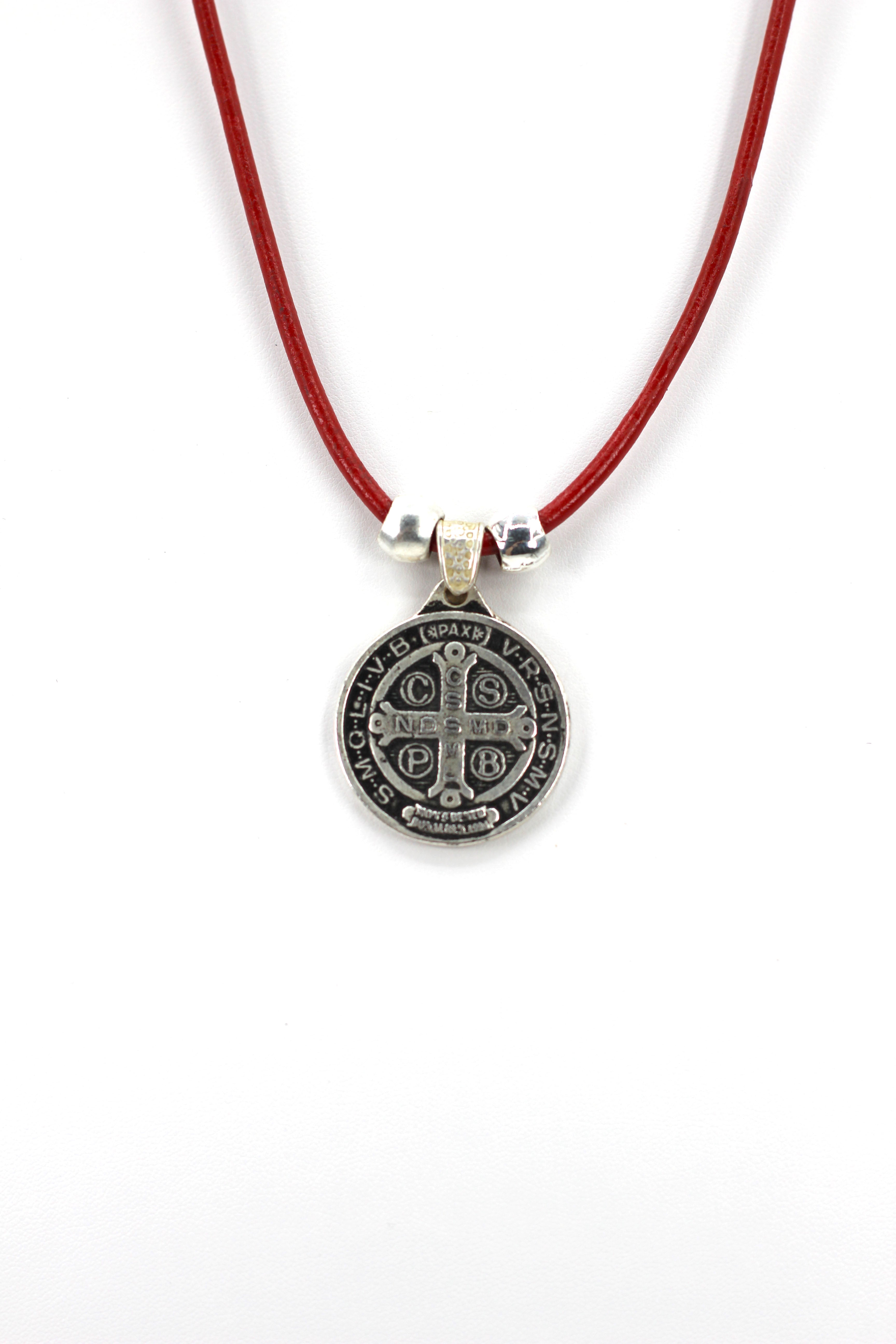 Vintage Necklace of Saint Benedict Handmade Jewelry with Genuine Leather and Reversible strap by Graciela's Collection