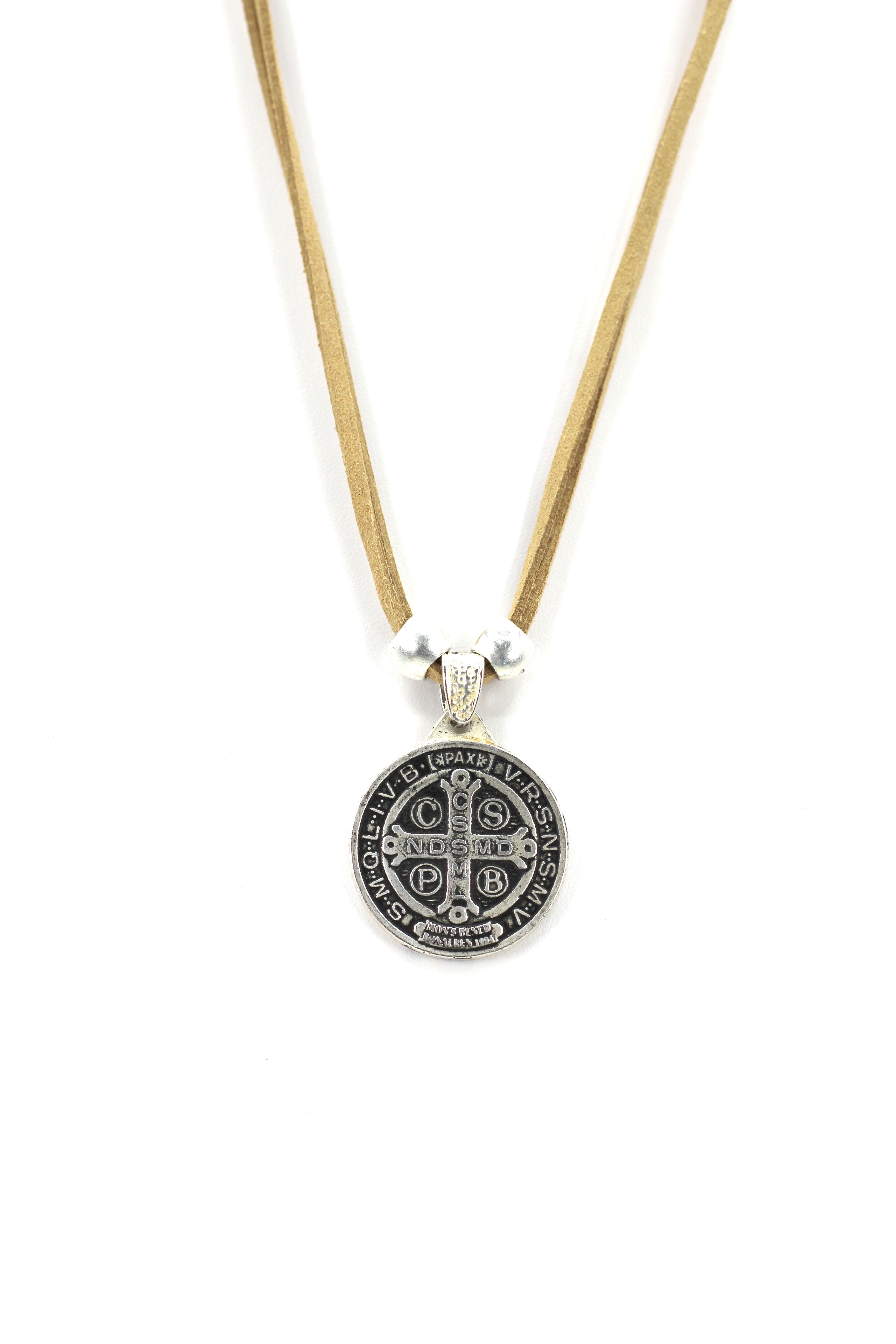 Vintage Necklace of Saint Benedict Handmade Jewelry with Genuine Leather and Reversible strap by Graciela's Collection