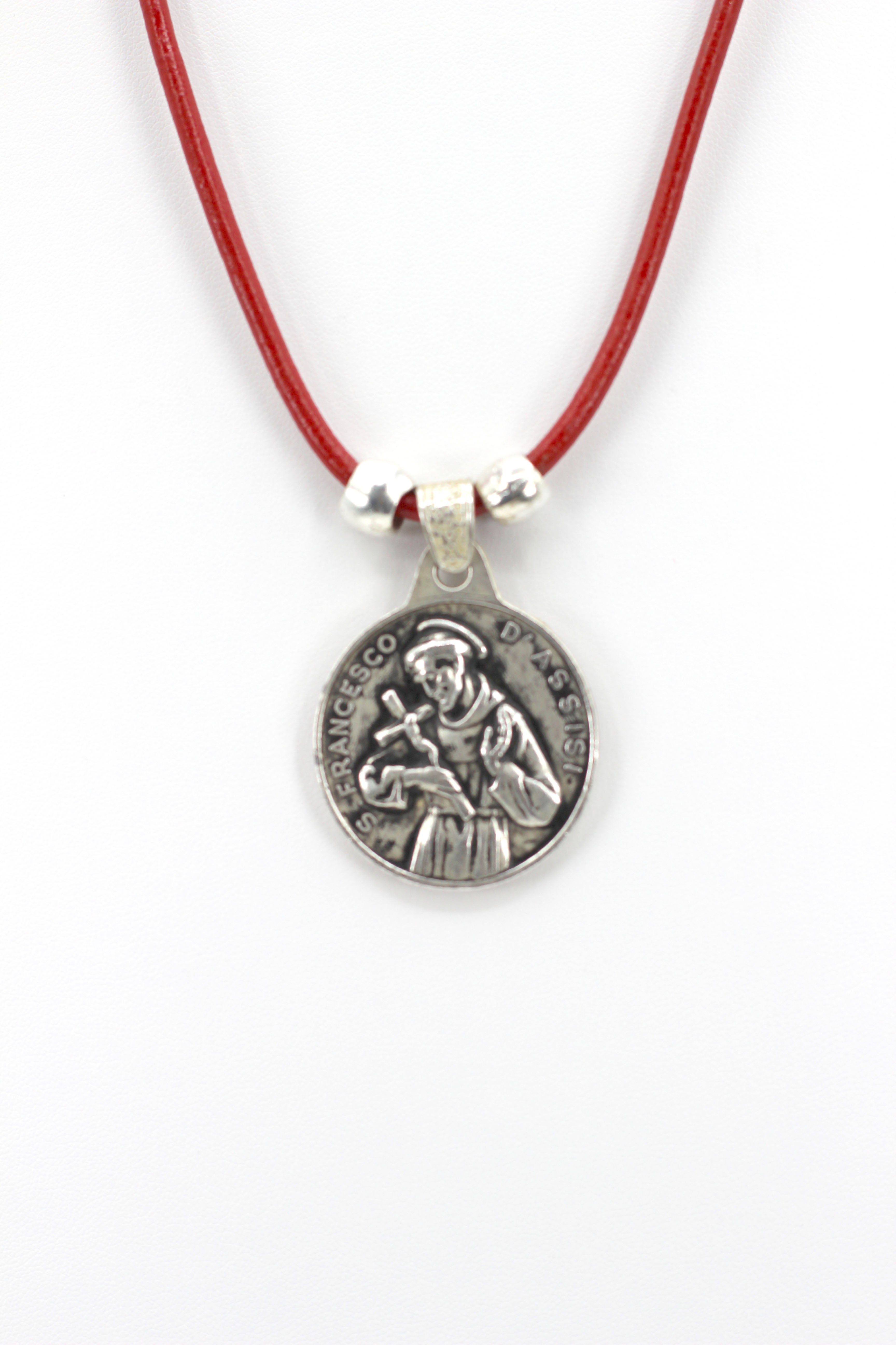 Vintage Necklace of Saint Francis of Assisi Handmade Jewelry with Genuine Leather strap by Graciela's Collection