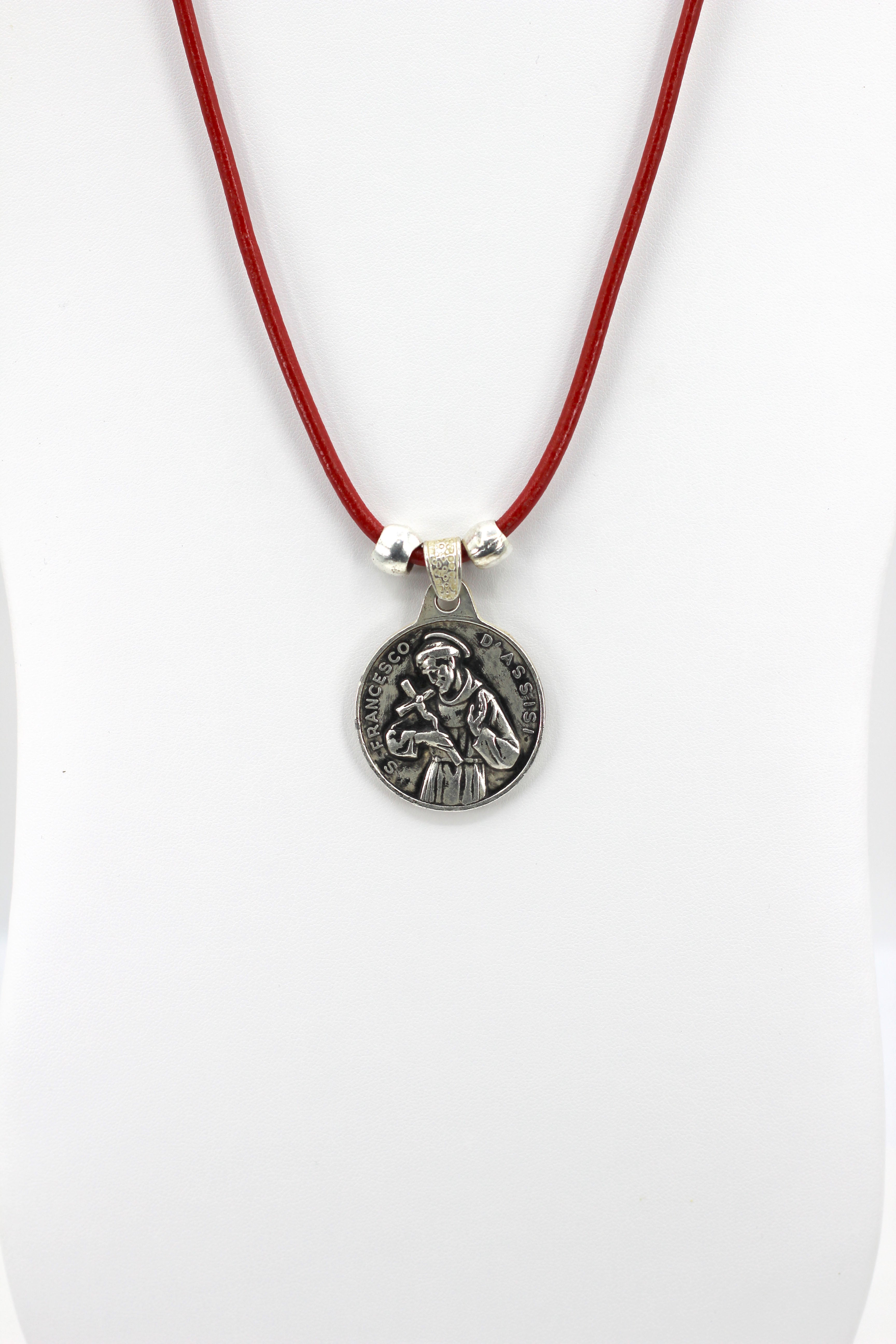 Vintage Necklace of Saint Francis of Assisi Handmade Jewelry with Genuine Leather strap by Graciela's Collection