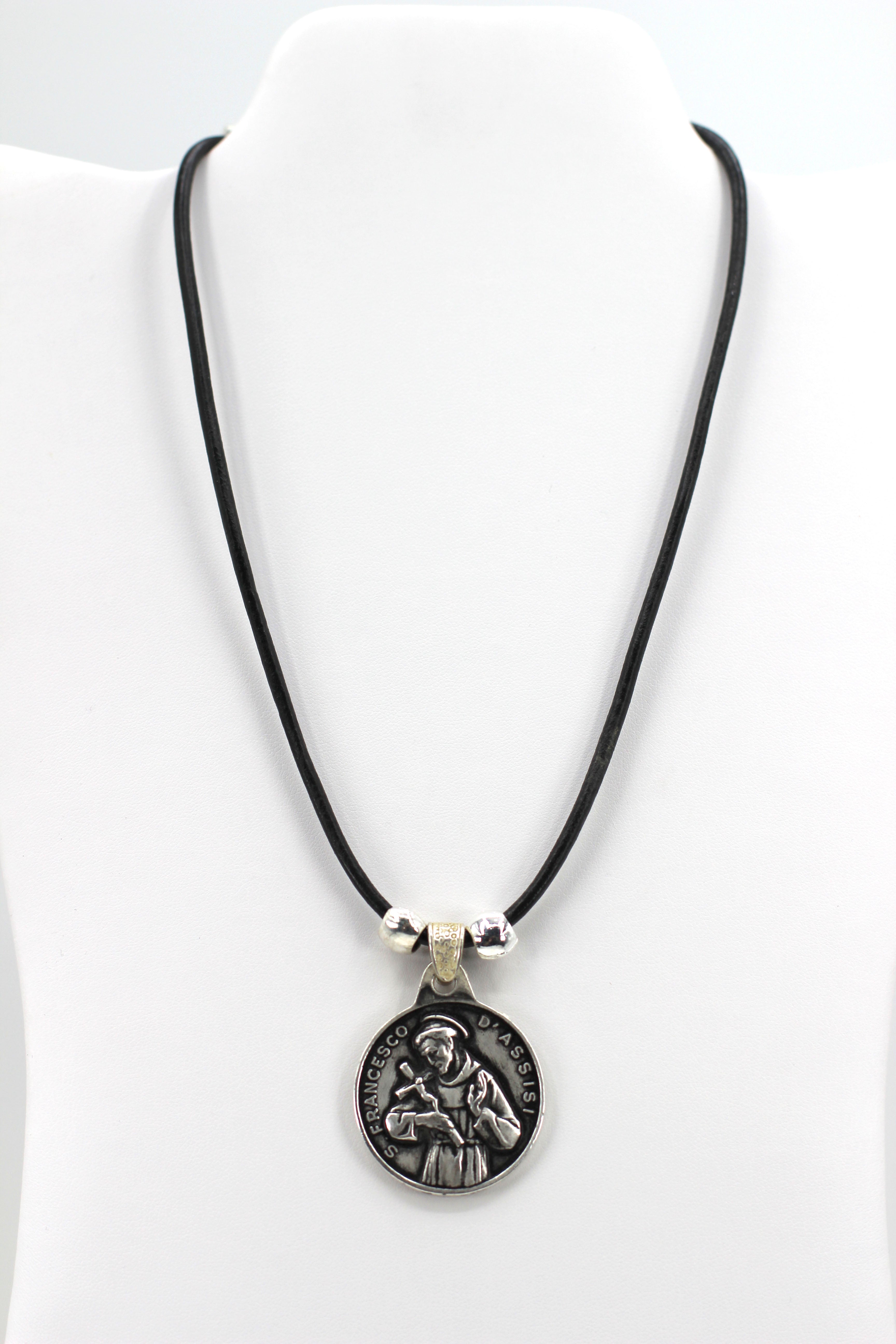 Vintage Necklace of Saint Francis of Assisi Handmade Jewelry with Genuine Leather strap by Graciela's Collection