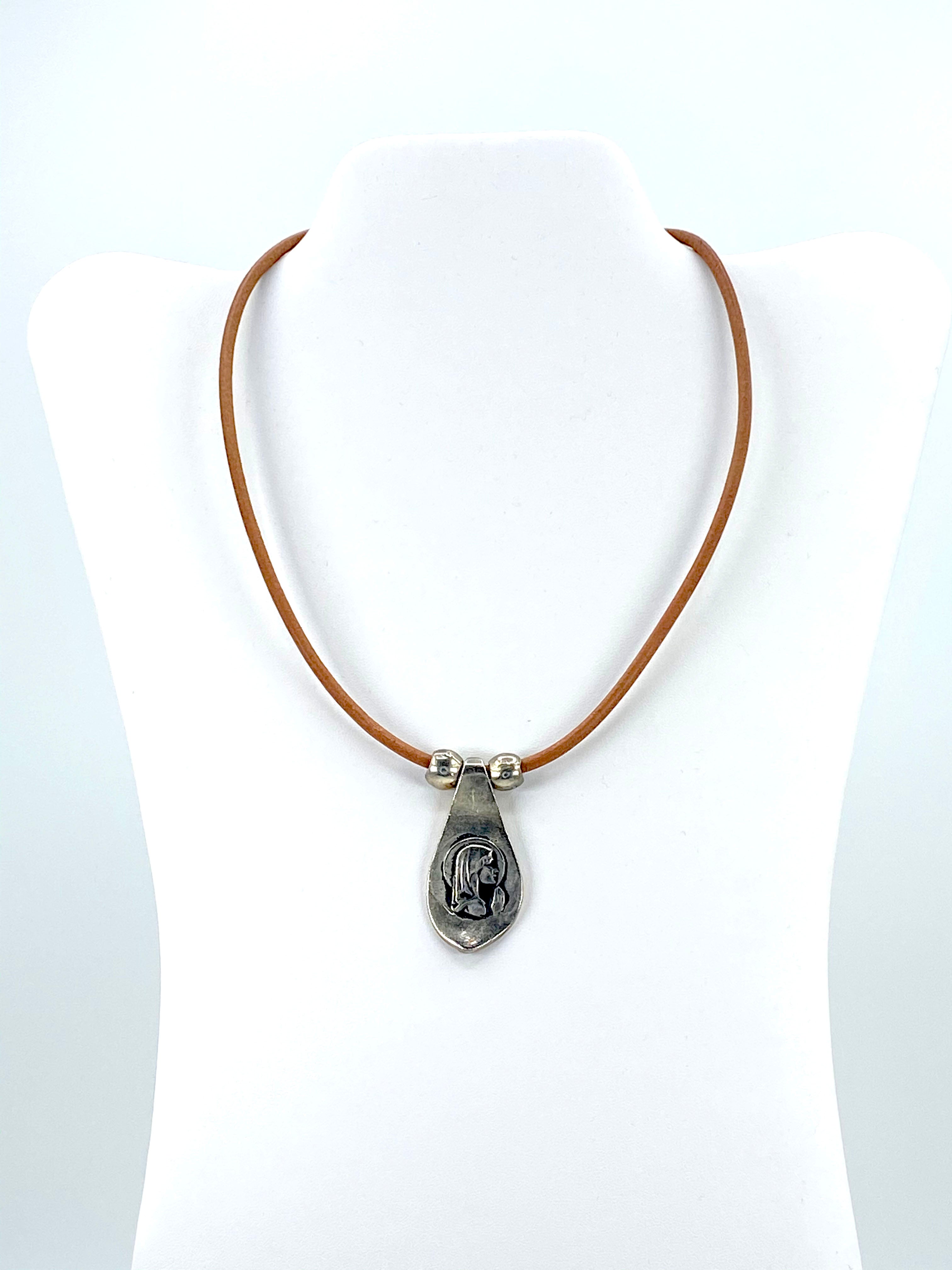 Vintage Virgin Mary Necklace Handmade Jewelry with Genuine Leather Straps by Graciela's Collection