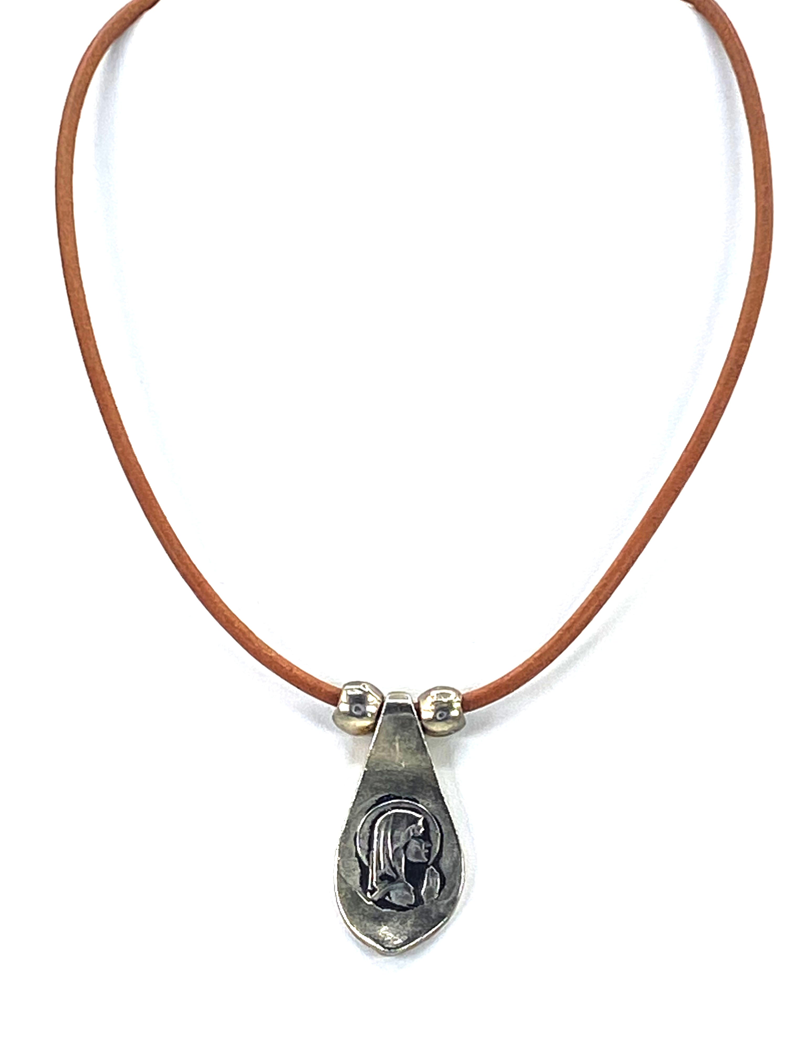 Vintage Virgin Mary Necklace Handmade Jewelry with Genuine Leather Straps by Graciela's Collection
