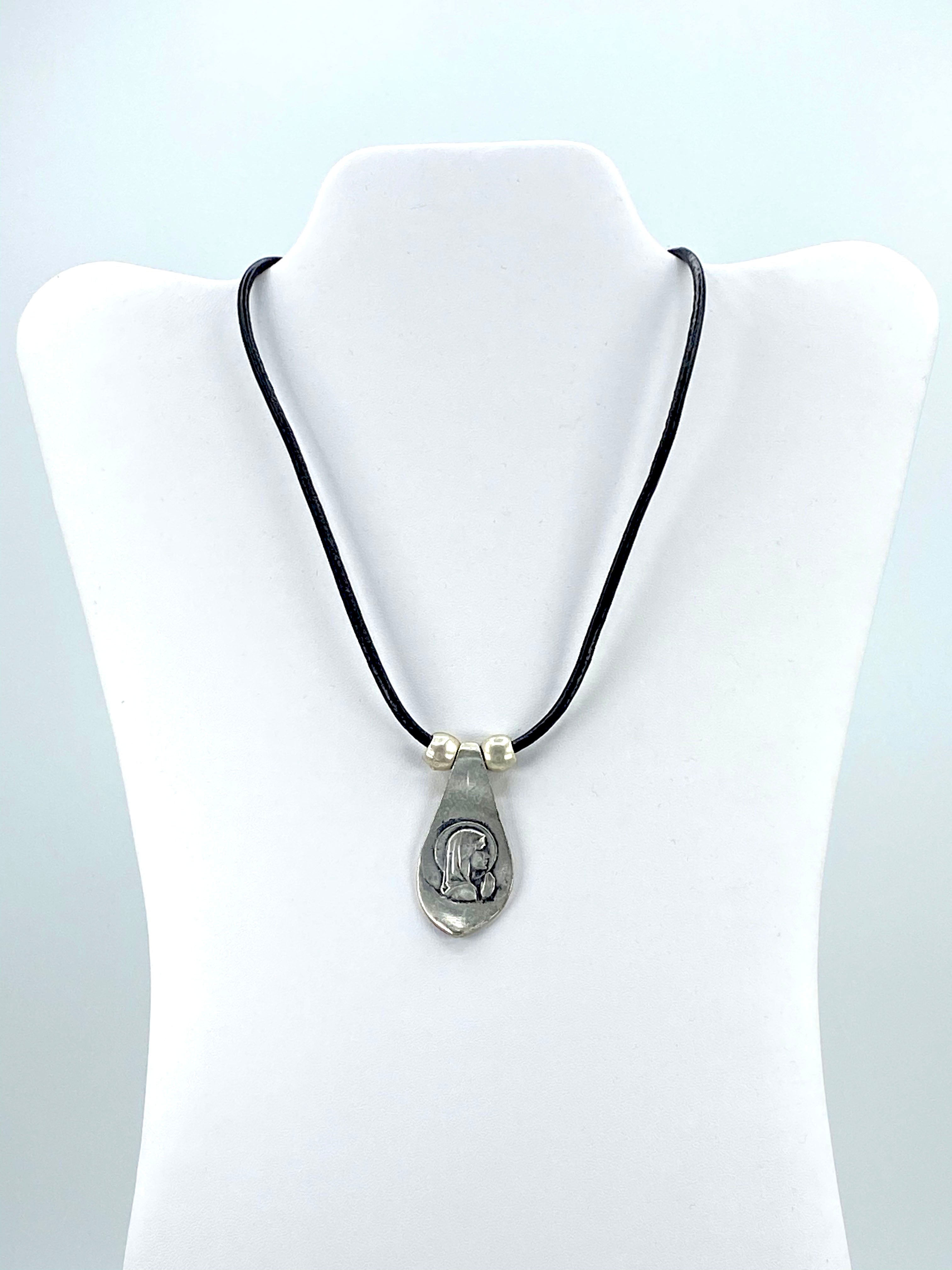 Vintage Virgin Mary Necklace Handmade Jewelry with Genuine Leather Straps by Graciela's Collection
