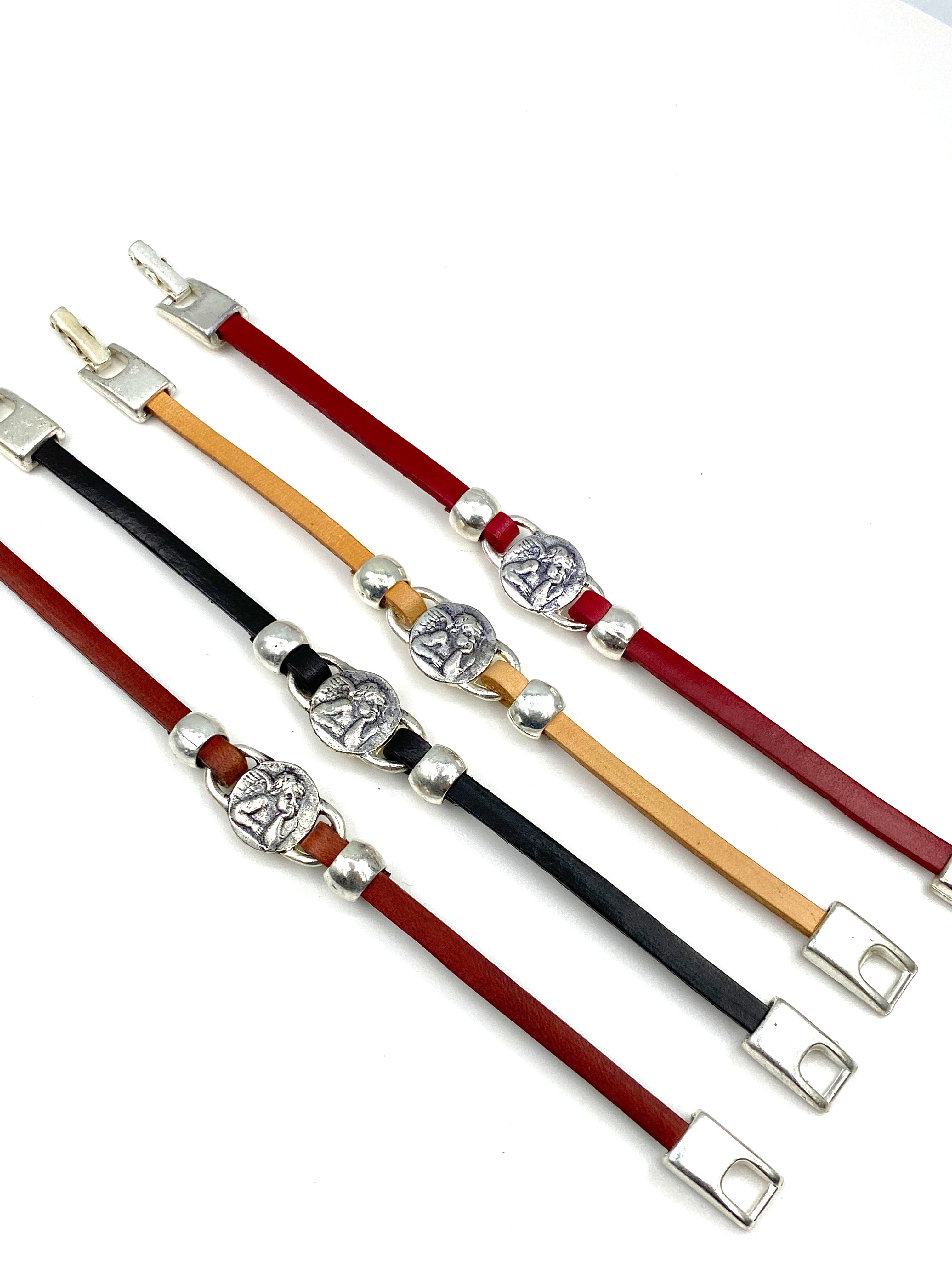 Bracelet of The Guardian Angel handmade jewelry with Leather Straps by Graciela's Collection