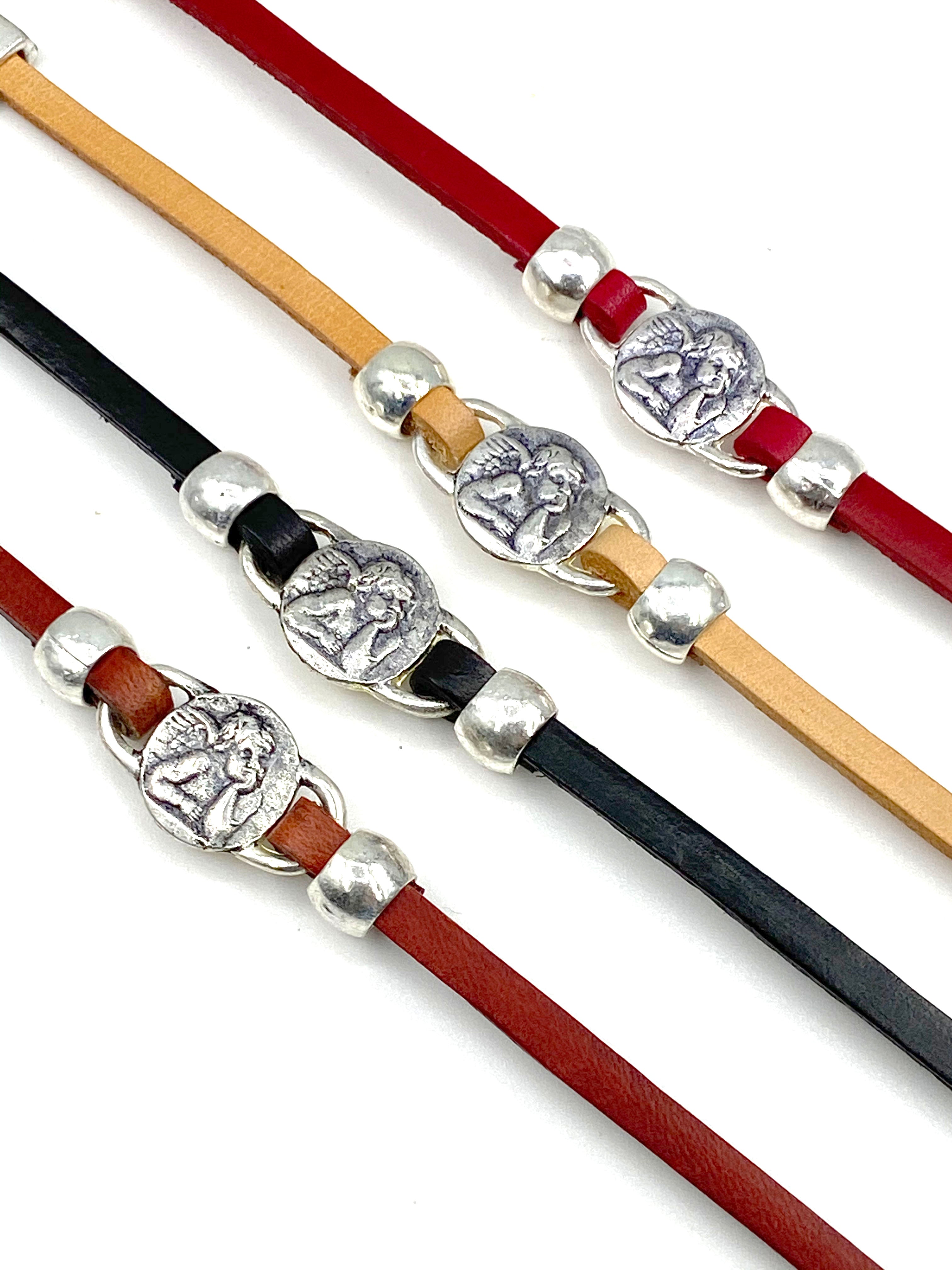 Bracelet of The Guardian Angel handmade jewelry with Leather Straps by Graciela's Collection