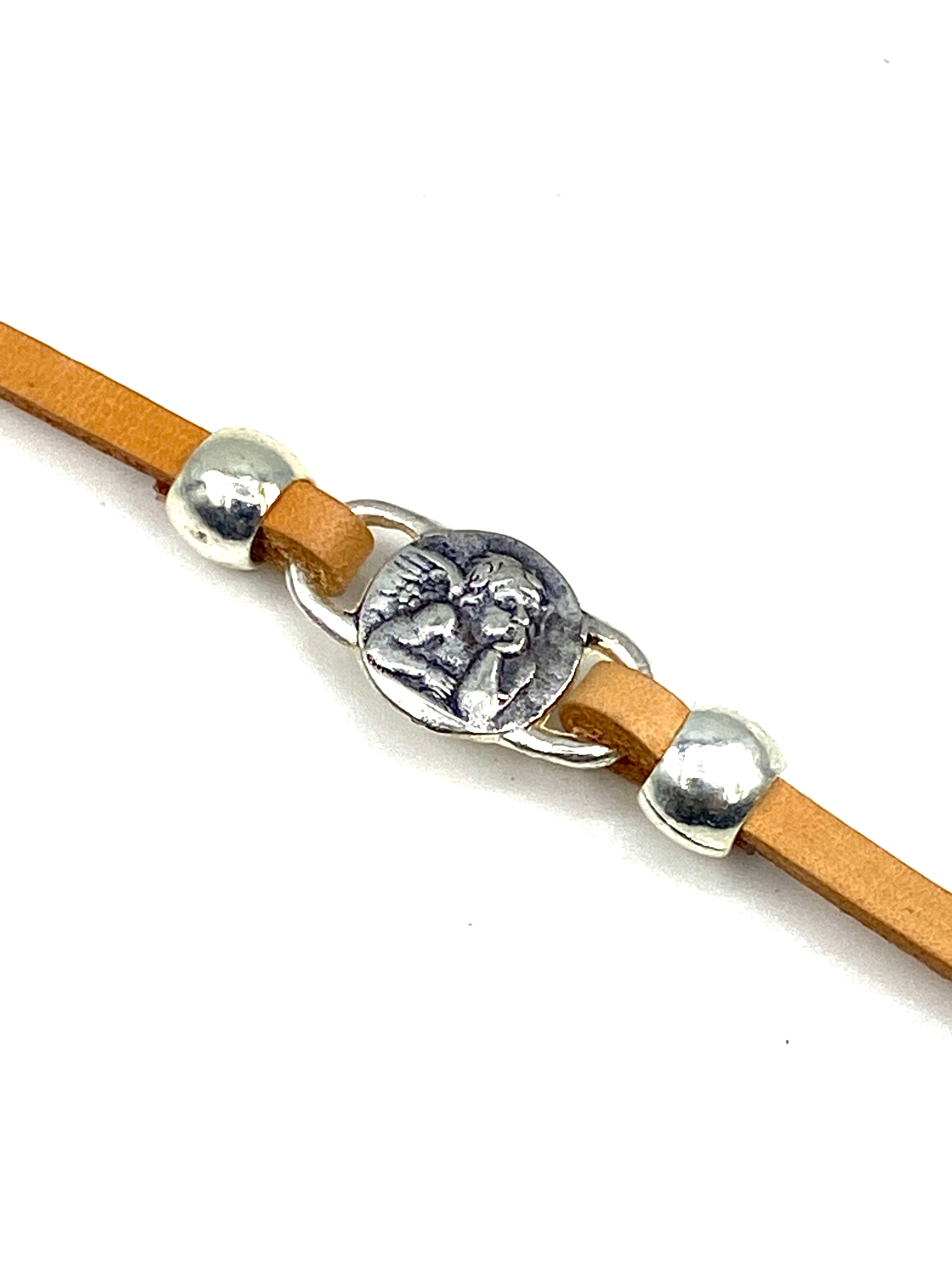 Bracelet of The Guardian Angel handmade jewelry with Leather Straps by Graciela's Collection