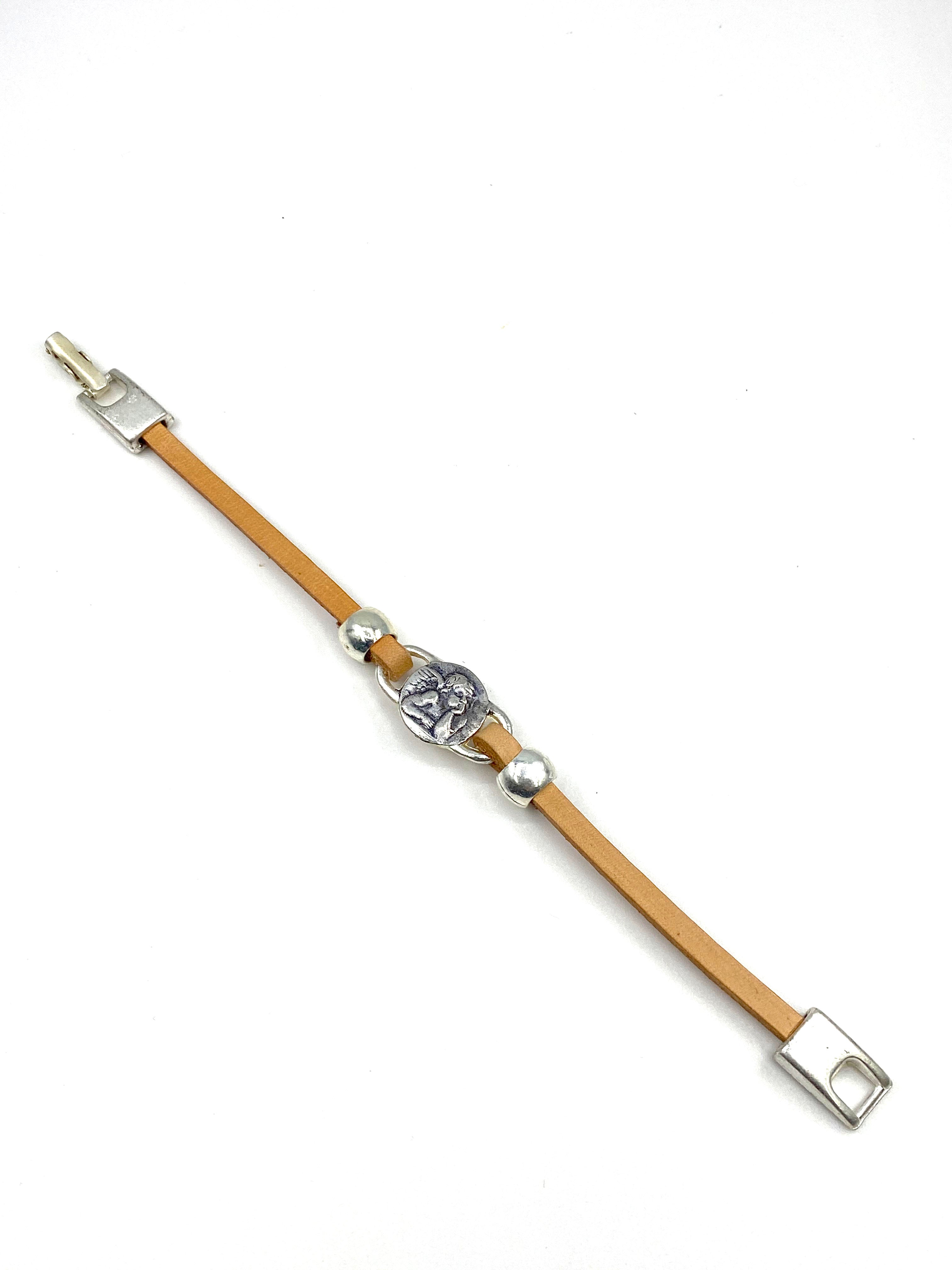 Bracelet of The Guardian Angel handmade jewelry with Leather Straps by Graciela's Collection
