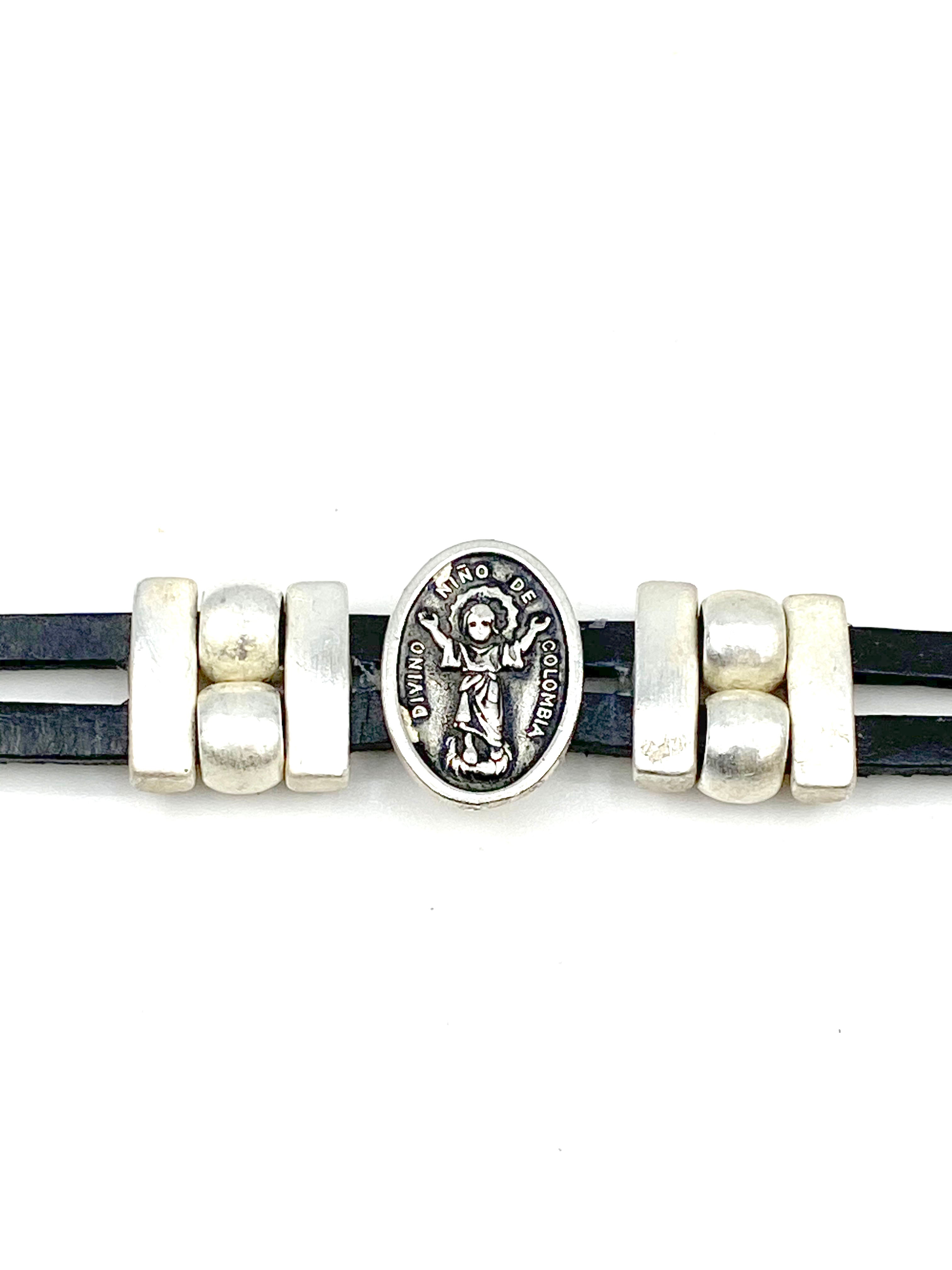 Bracelet Divino Nino Jesus bracelet handmade jewelry with Genuine Double Leather straps by Graciela's Collection