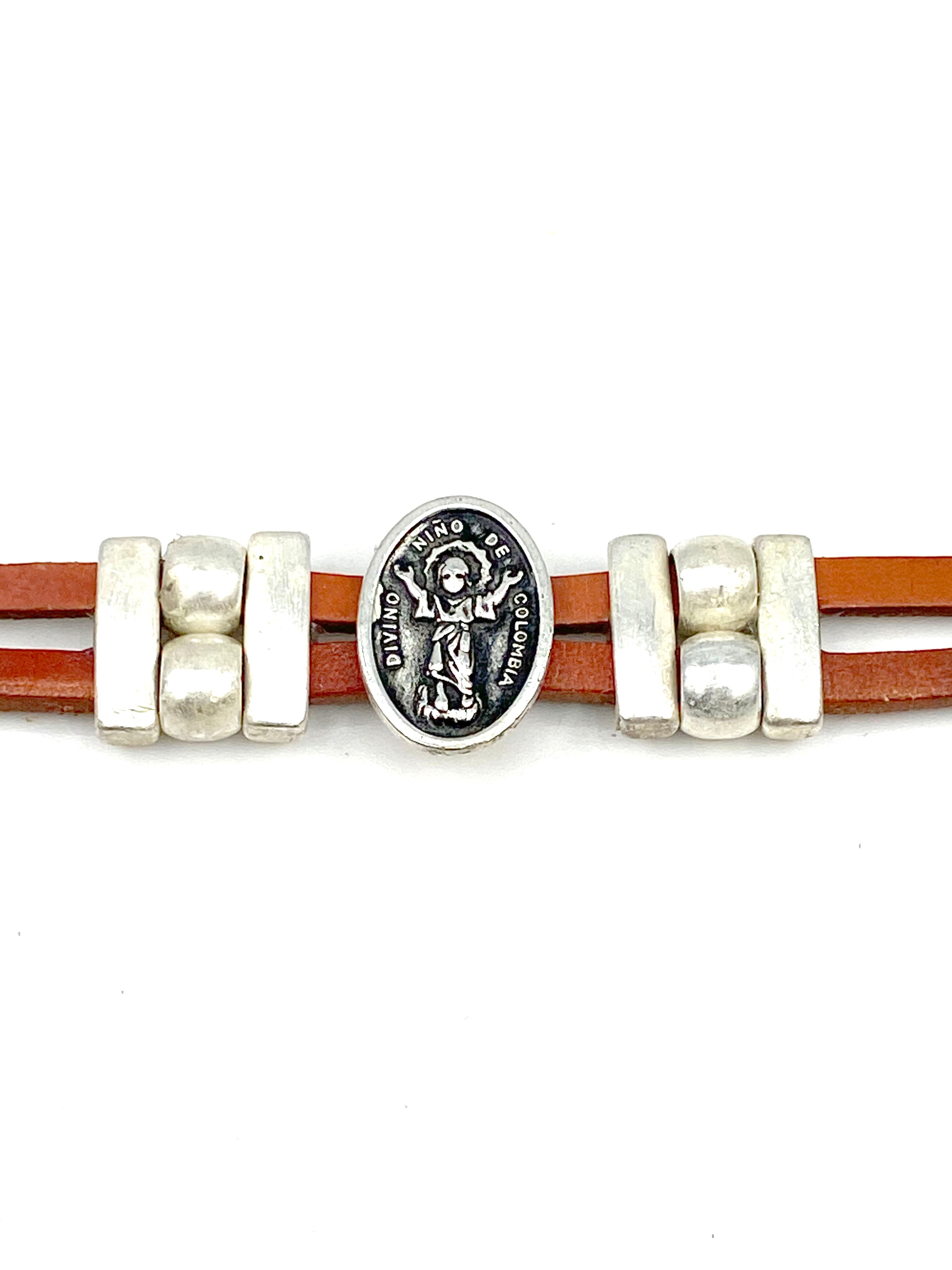 Bracelet Divino Nino Jesus bracelet handmade jewelry with Genuine Double Leather straps by Graciela's Collection