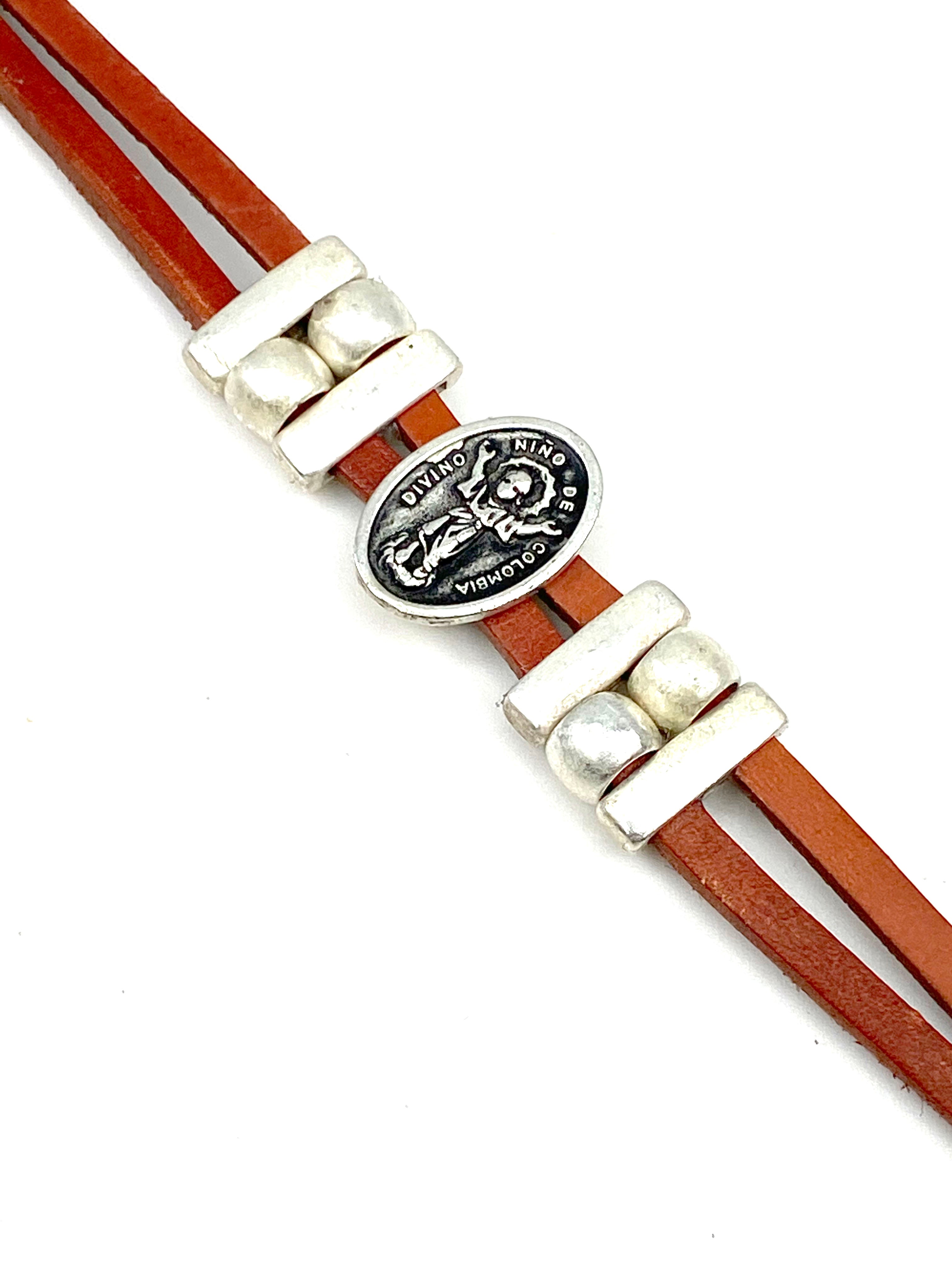 Bracelet Divino Nino Jesus bracelet handmade jewelry with Genuine Double Leather straps by Graciela's Collection