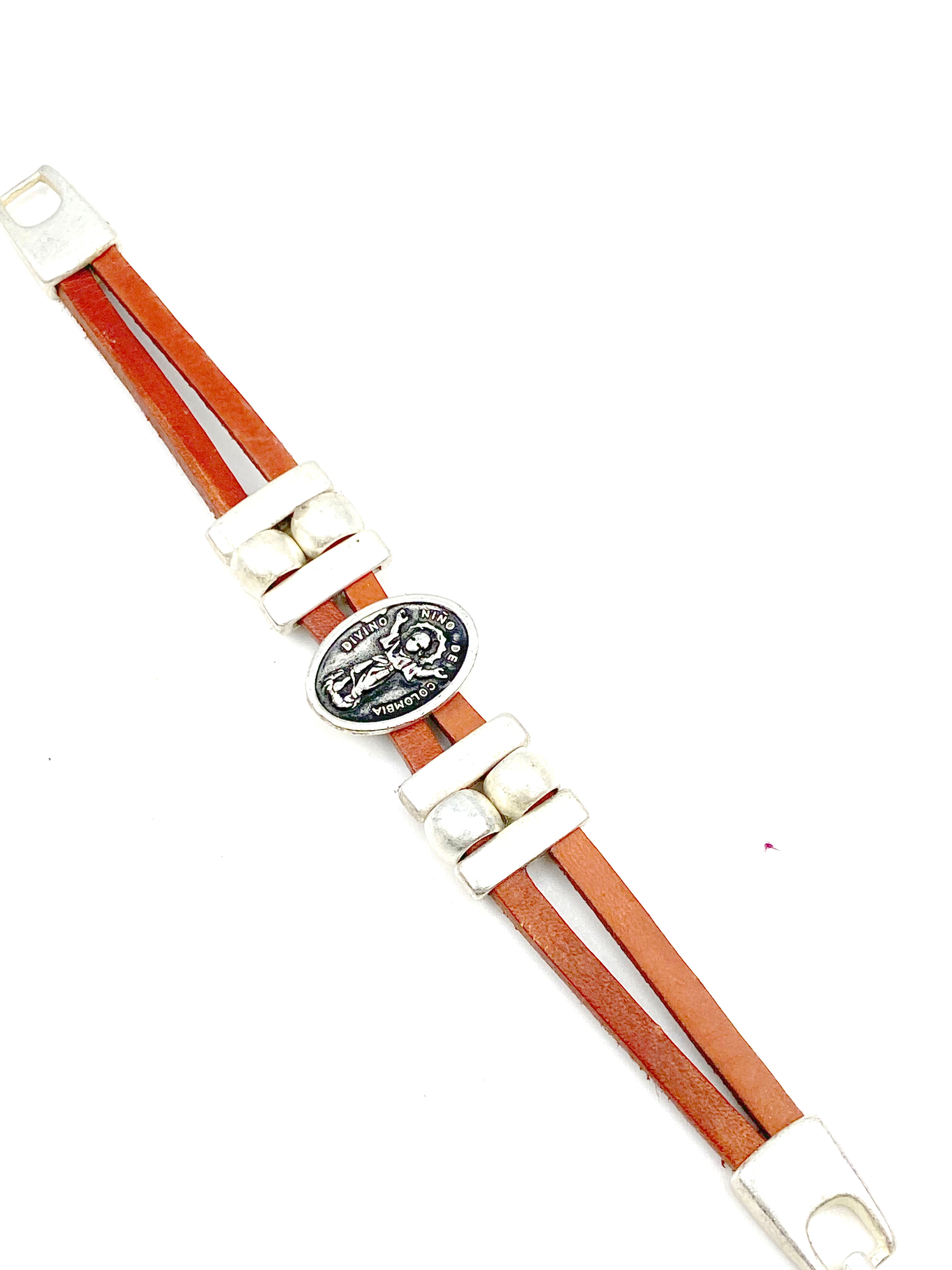 Bracelet Divino Nino Jesus bracelet handmade jewelry with Genuine Double Leather straps by Graciela's Collection