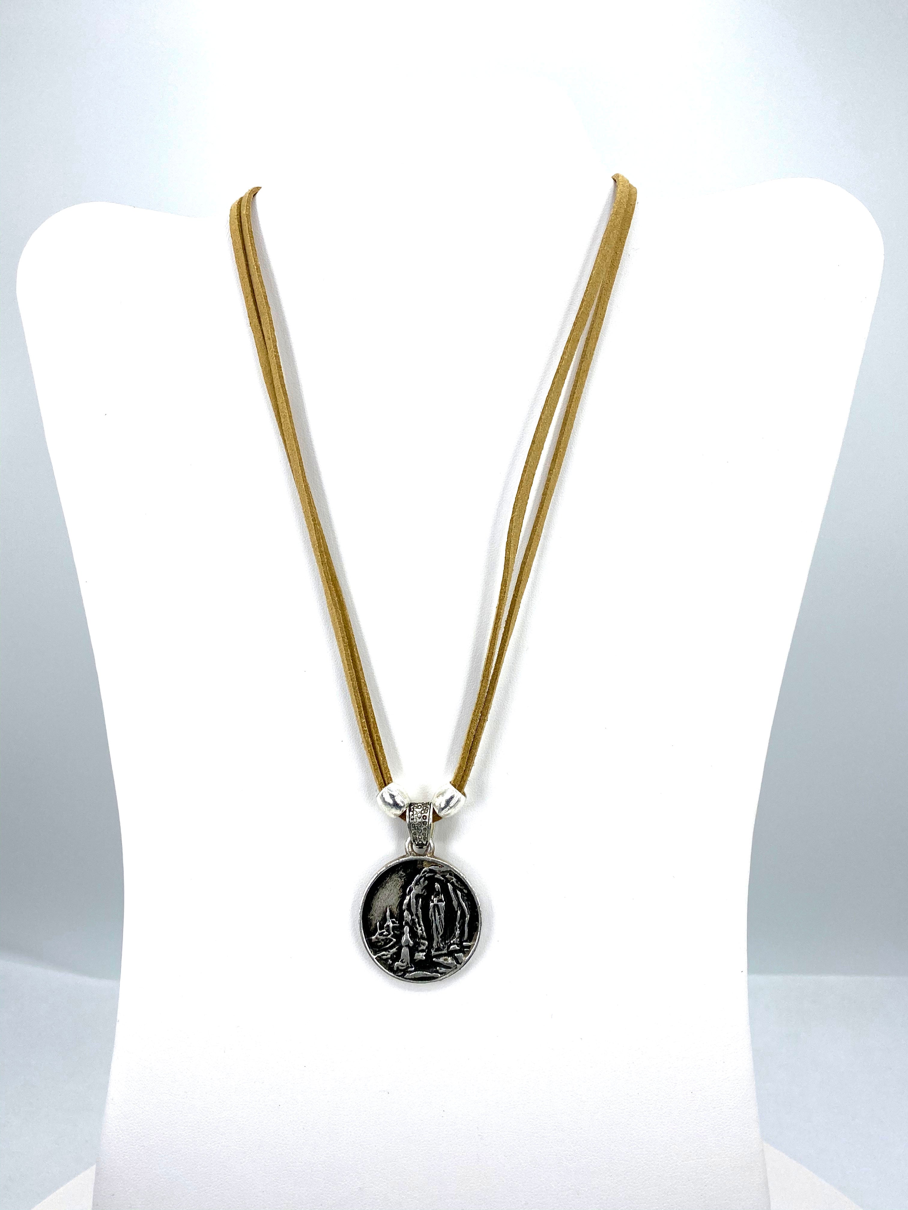 Vintage Necklace of Our Lady Of Lourdes Jewelry with Genuine Leather strap by Graciela's Collection