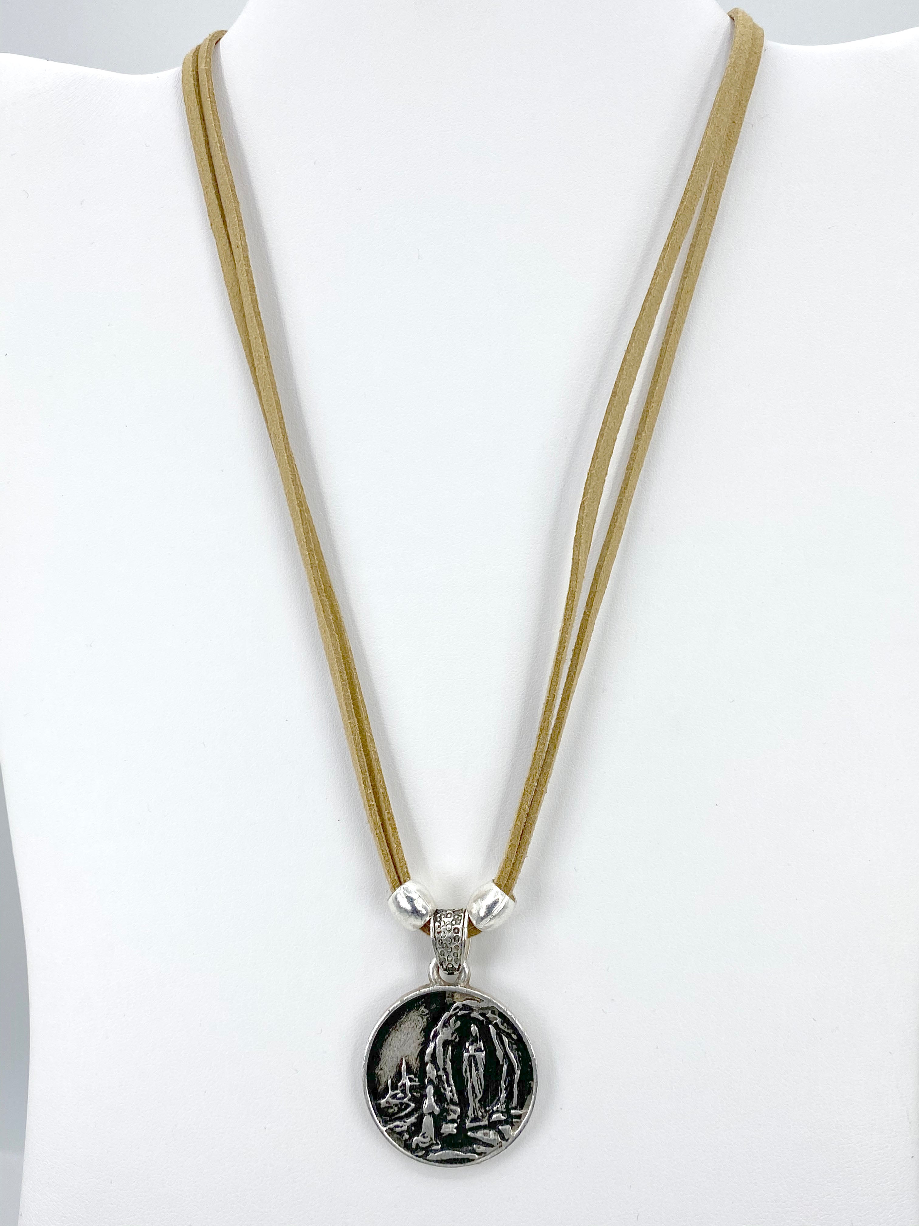 Vintage Necklace of Our Lady Of Lourdes Jewelry with Genuine Leather strap by Graciela's Collection