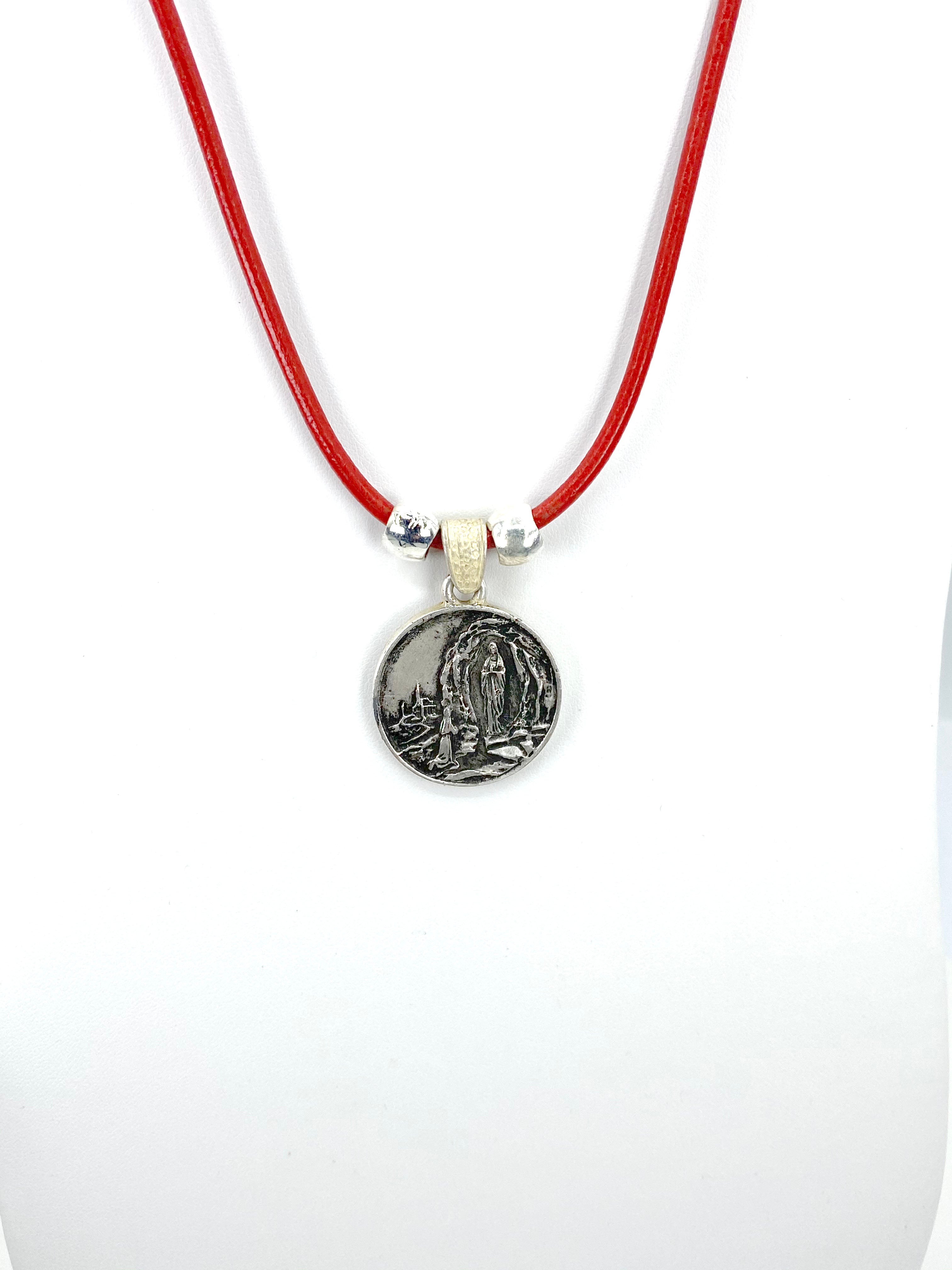 Vintage Necklace of Our Lady Of Lourdes Jewelry with Genuine Leather strap by Graciela's Collection