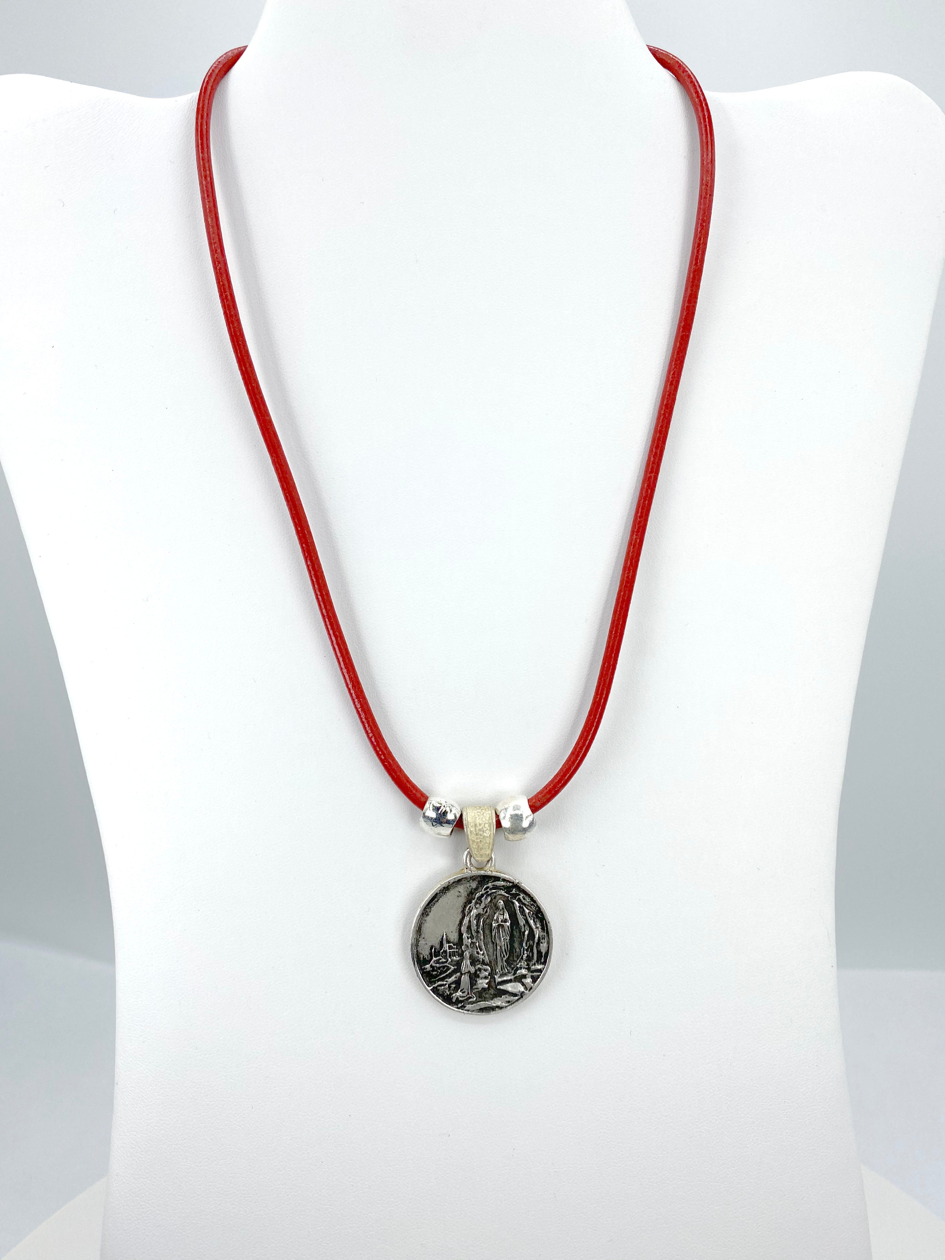 Vintage Necklace of Our Lady Of Lourdes Jewelry with Genuine Leather strap by Graciela's Collection