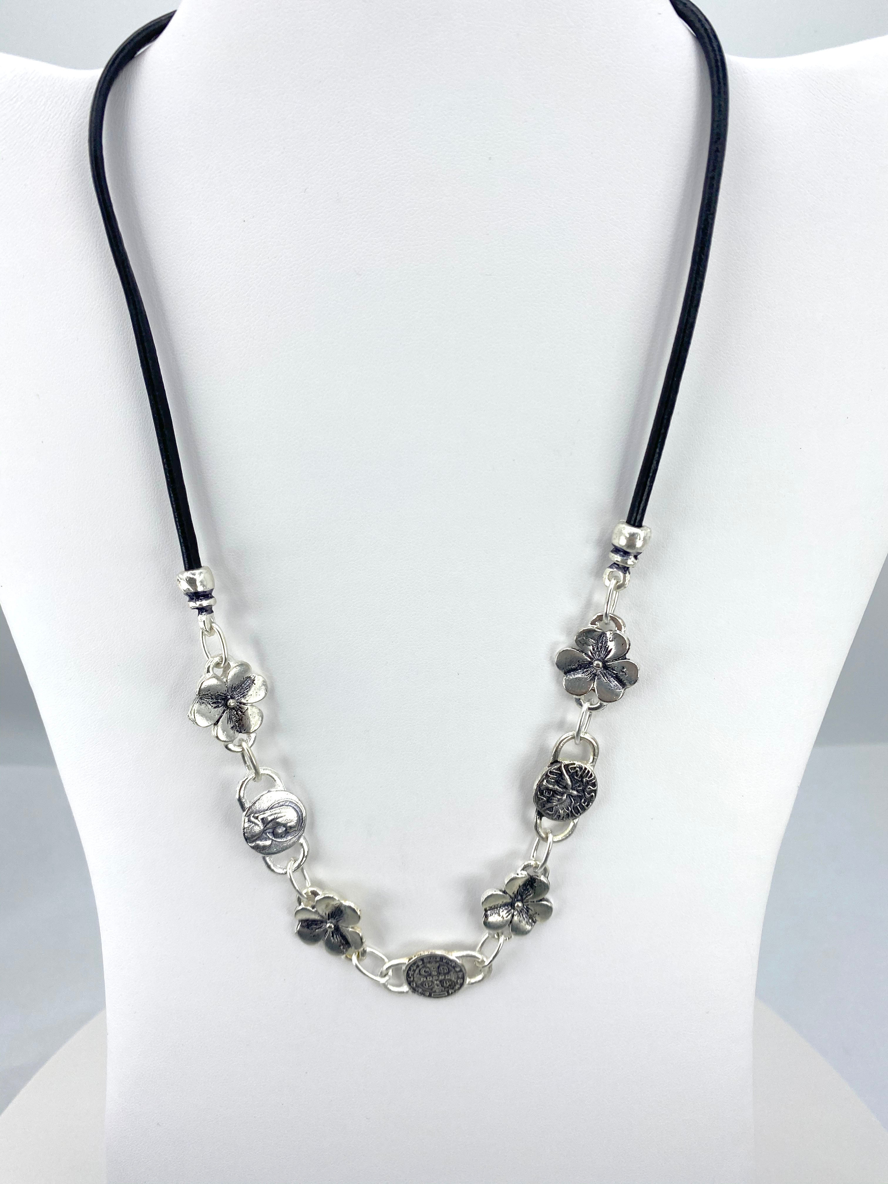 Vintage Flower Necklace of The Virgin Mary, Holy Spirit, and St Benedict Handmade Jewelry with Genuine Leather by Graciela's Collection