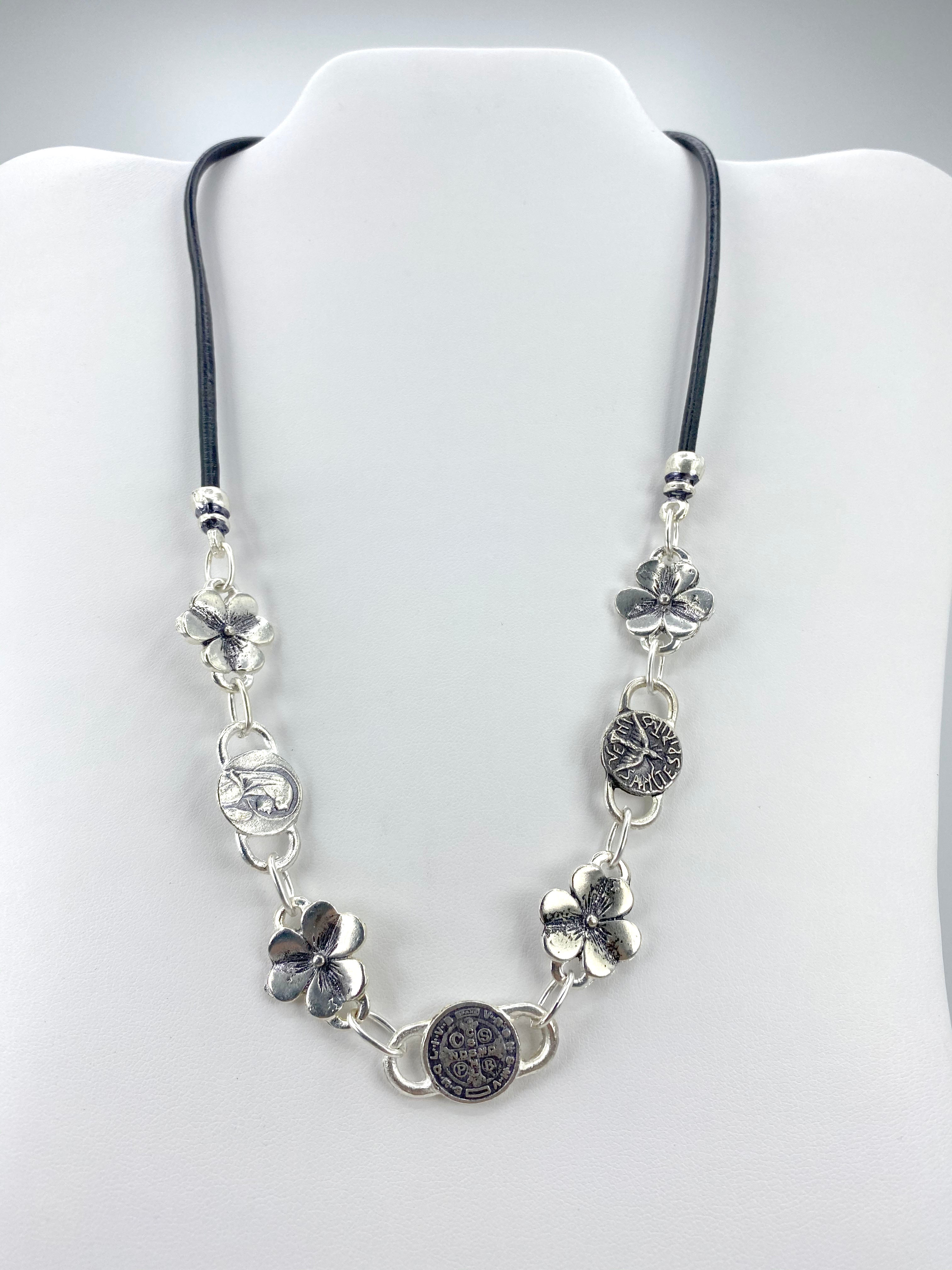 Vintage Flower Necklace of The Virgin Mary, Holy Spirit, and St Benedict Handmade Jewelry with Genuine Leather by Graciela's Collection