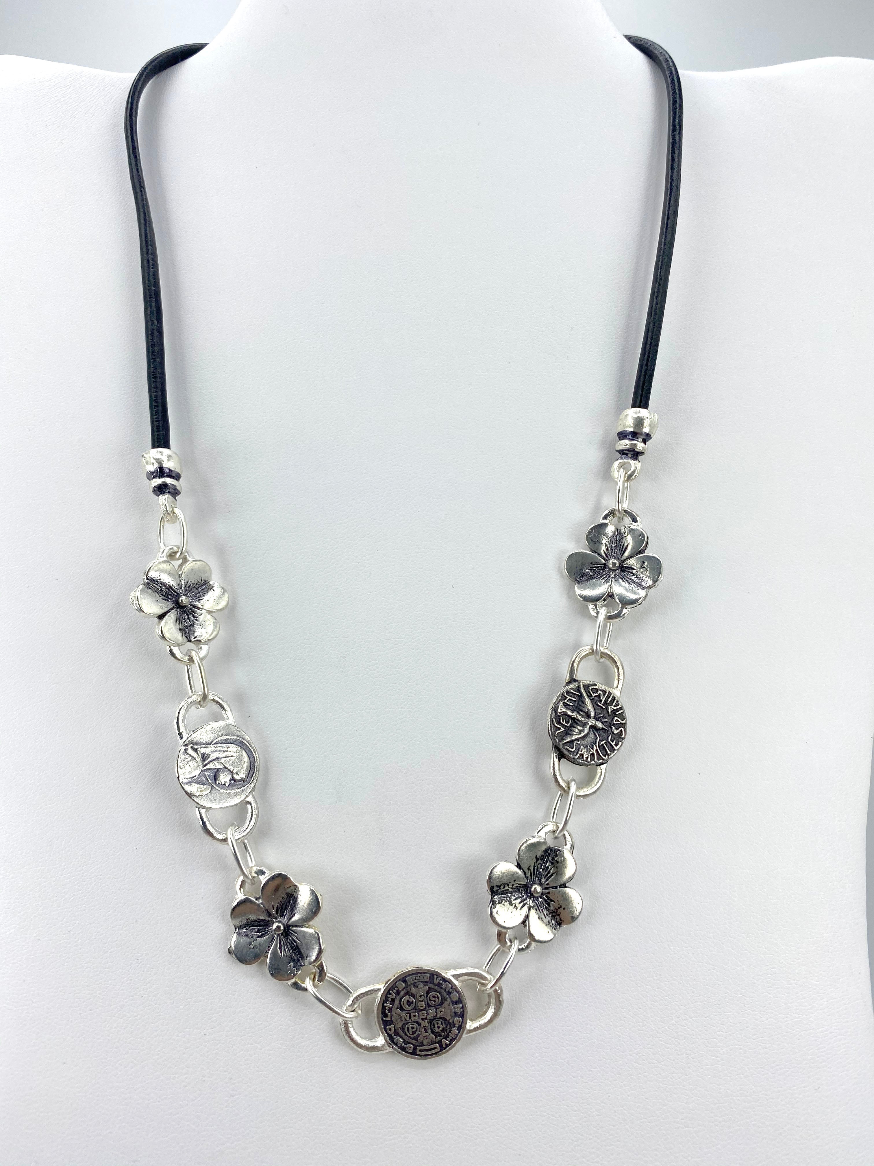 Vintage Flower Necklace of The Virgin Mary, Holy Spirit, and St Benedict Handmade Jewelry with Genuine Leather by Graciela's Collection