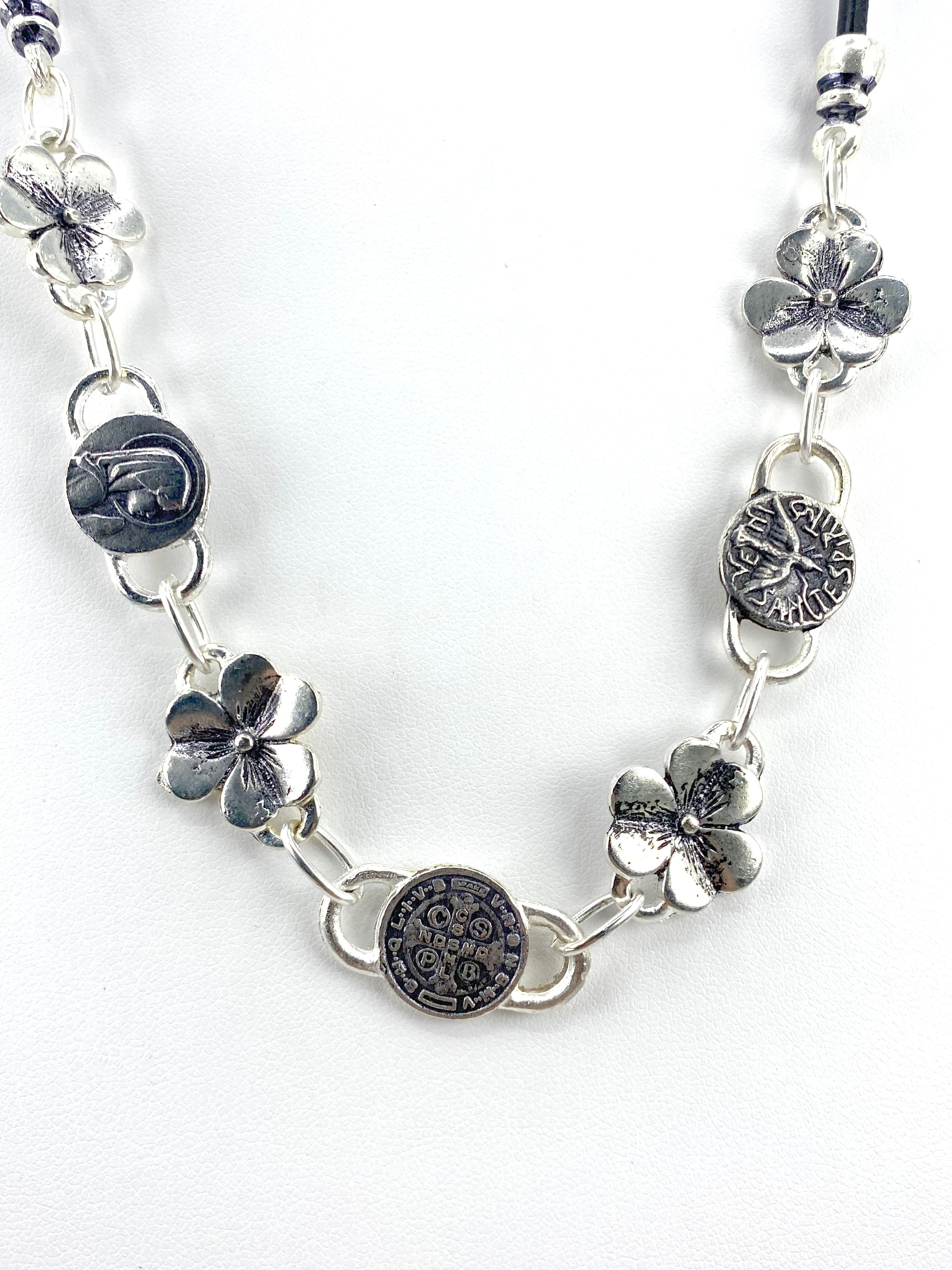 Vintage Flower Necklace of The Virgin Mary, Holy Spirit, and St Benedict Handmade Jewelry with Genuine Leather by Graciela's Collection