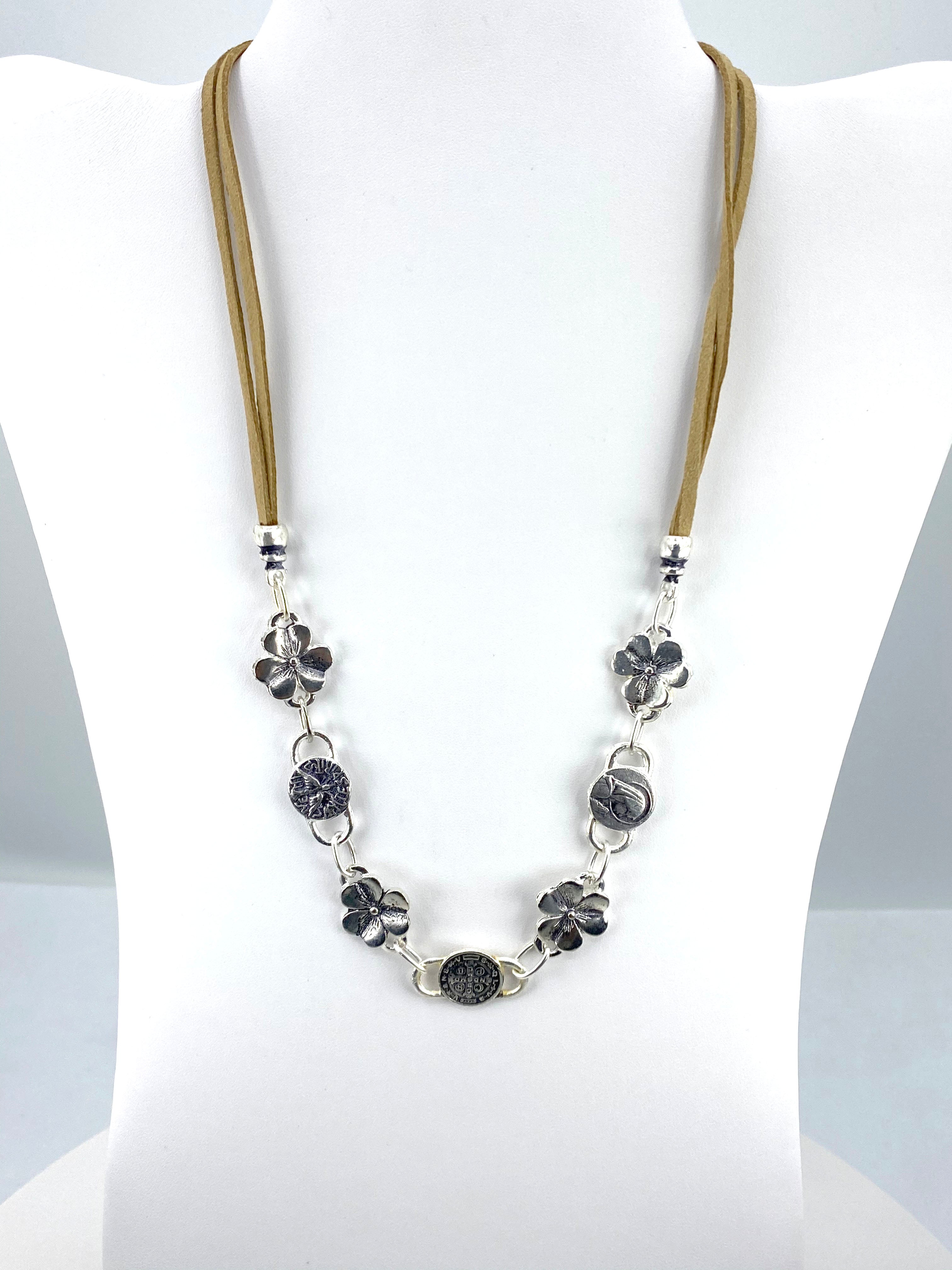 Vintage Flower Necklace of The Virgin Mary, Holy Spirit, and St Benedict Handmade Jewelry with Genuine Leather by Graciela's Collection