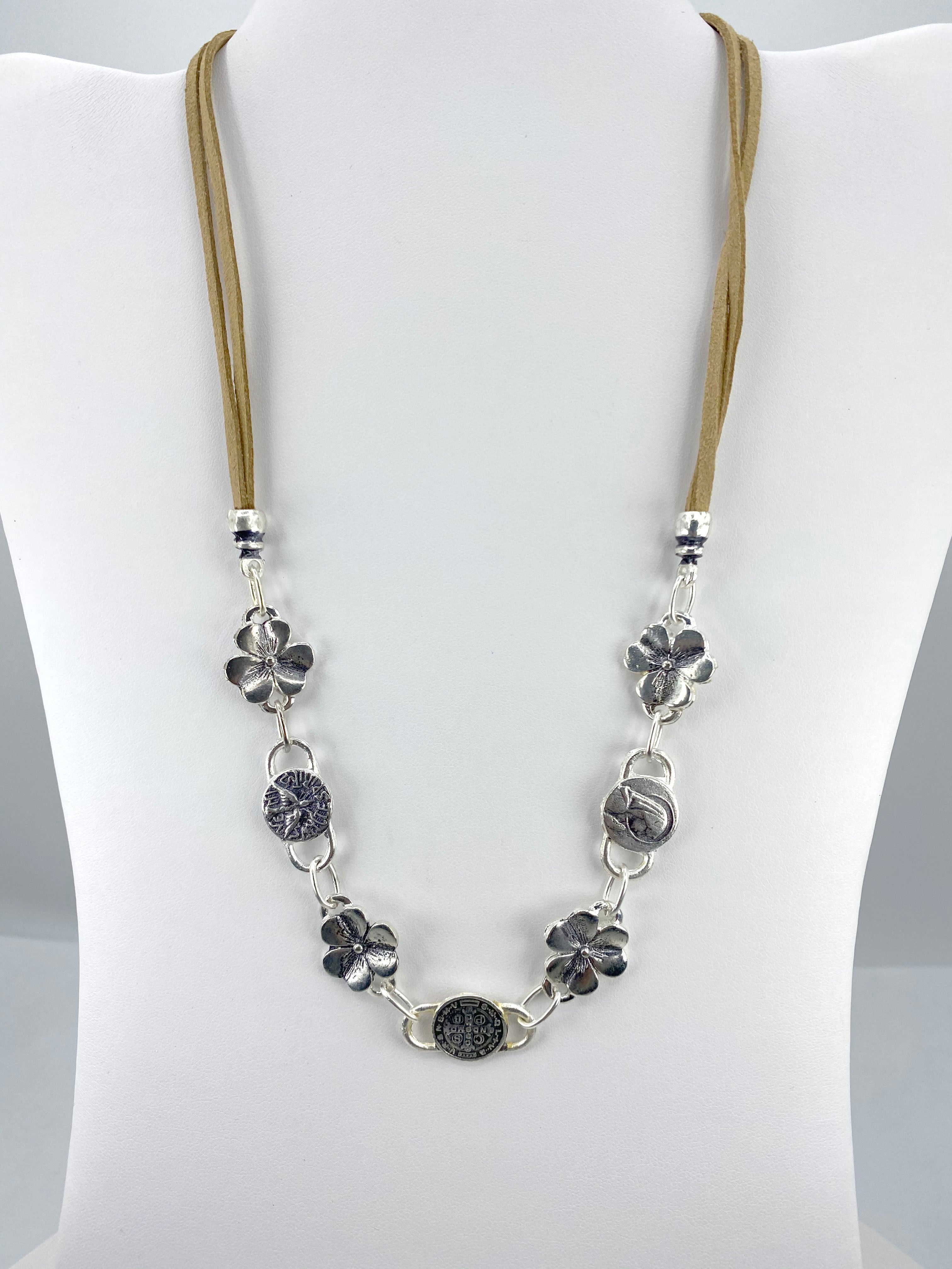 Vintage Flower Necklace of The Virgin Mary, Holy Spirit, and St Benedict Handmade Jewelry with Genuine Leather by Graciela's Collection