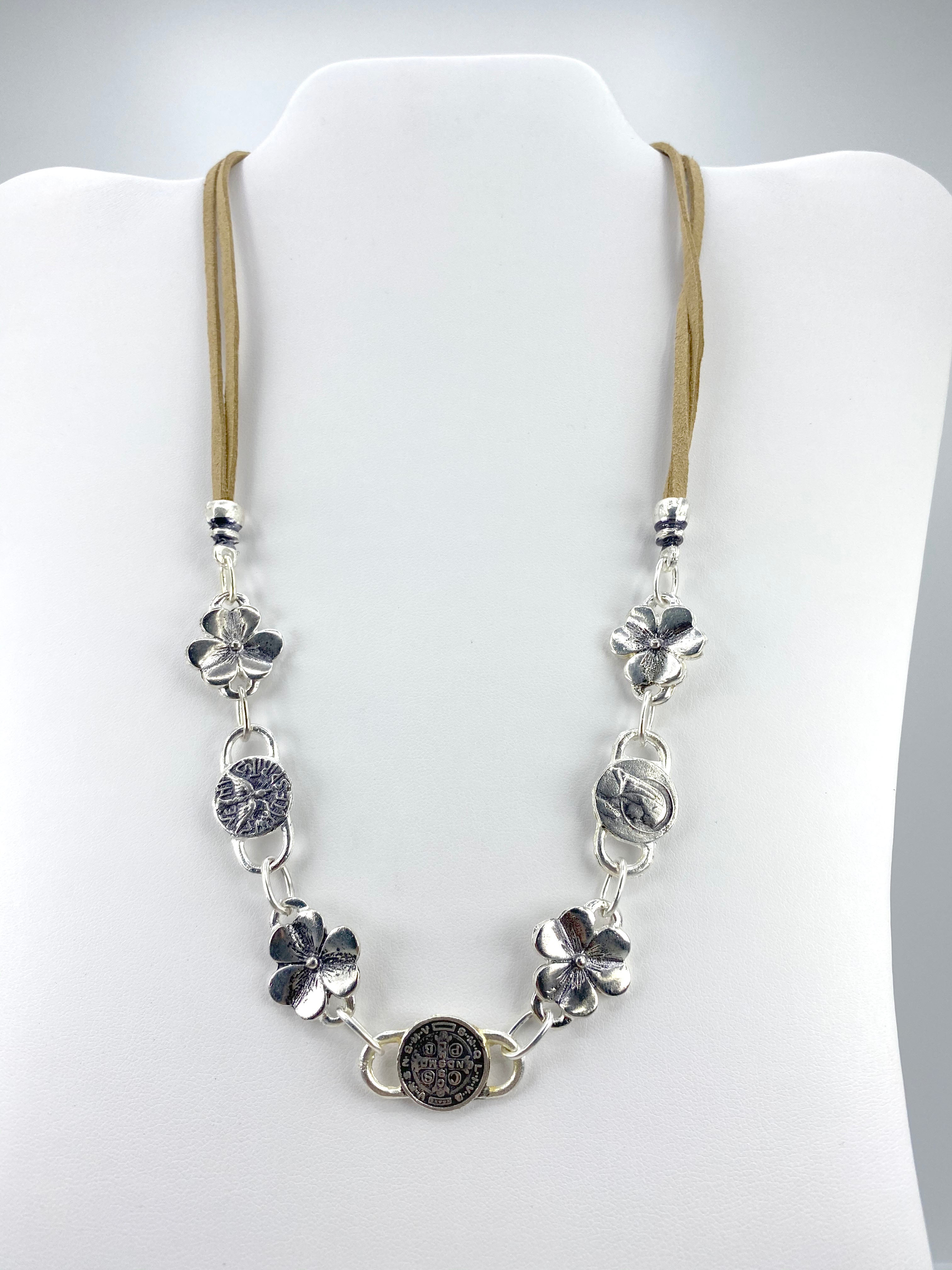 Vintage Flower Necklace of The Virgin Mary, Holy Spirit, and St Benedict Handmade Jewelry with Genuine Leather by Graciela's Collection