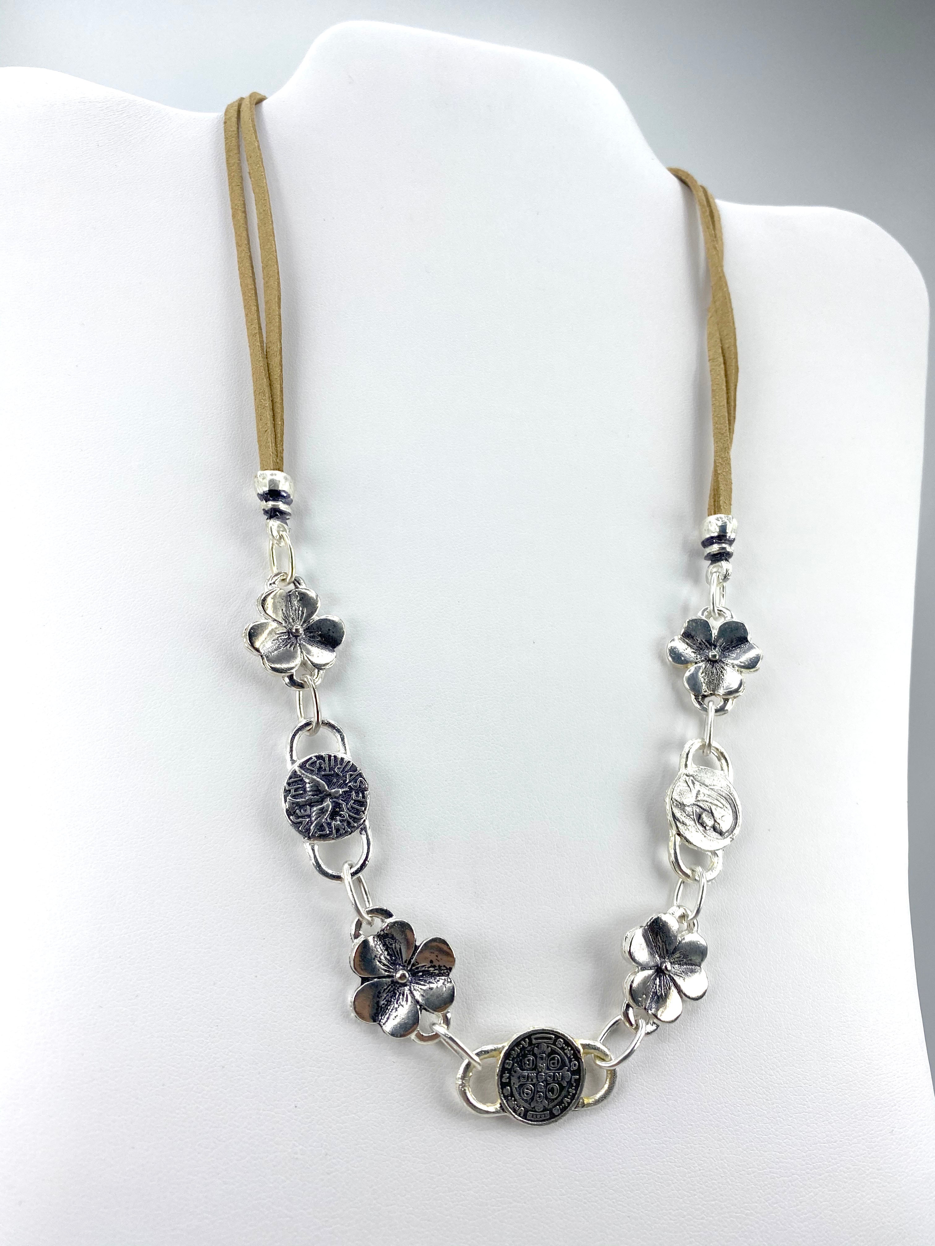 Vintage Flower Necklace of The Virgin Mary, Holy Spirit, and St Benedict Handmade Jewelry with Genuine Leather by Graciela's Collection