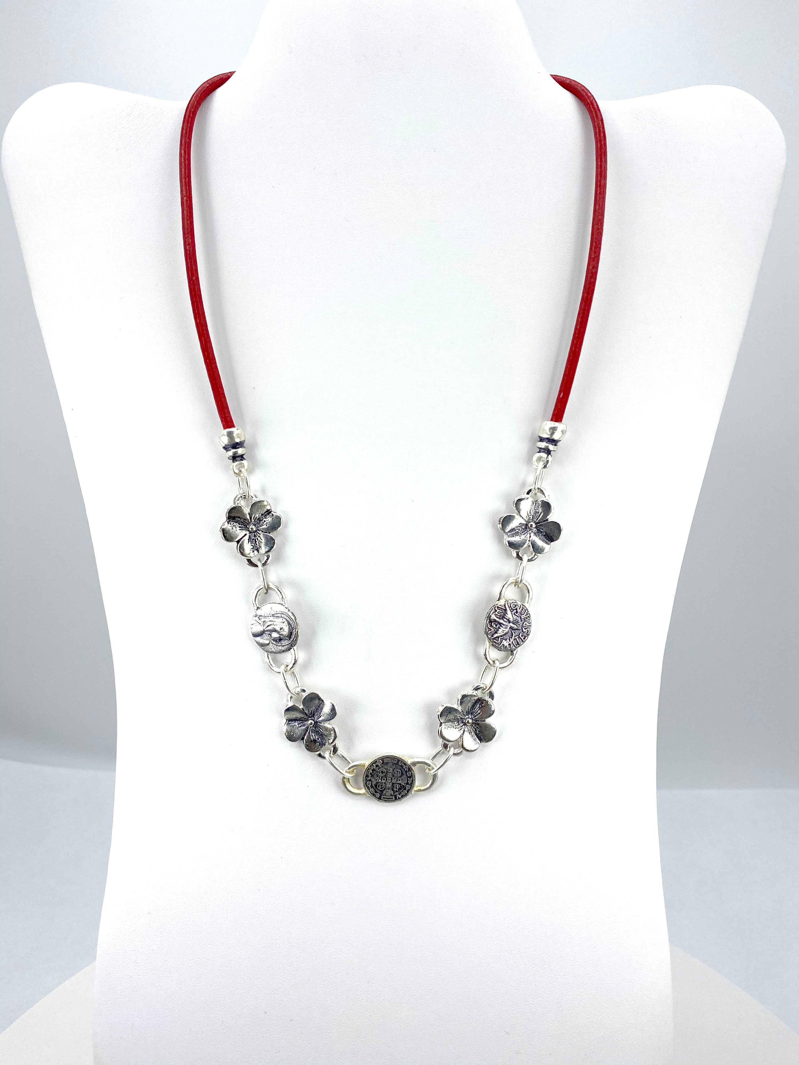 Vintage Flower Necklace of The Virgin Mary, Holy Spirit, and St Benedict Handmade Jewelry with Genuine Leather by Graciela's Collection