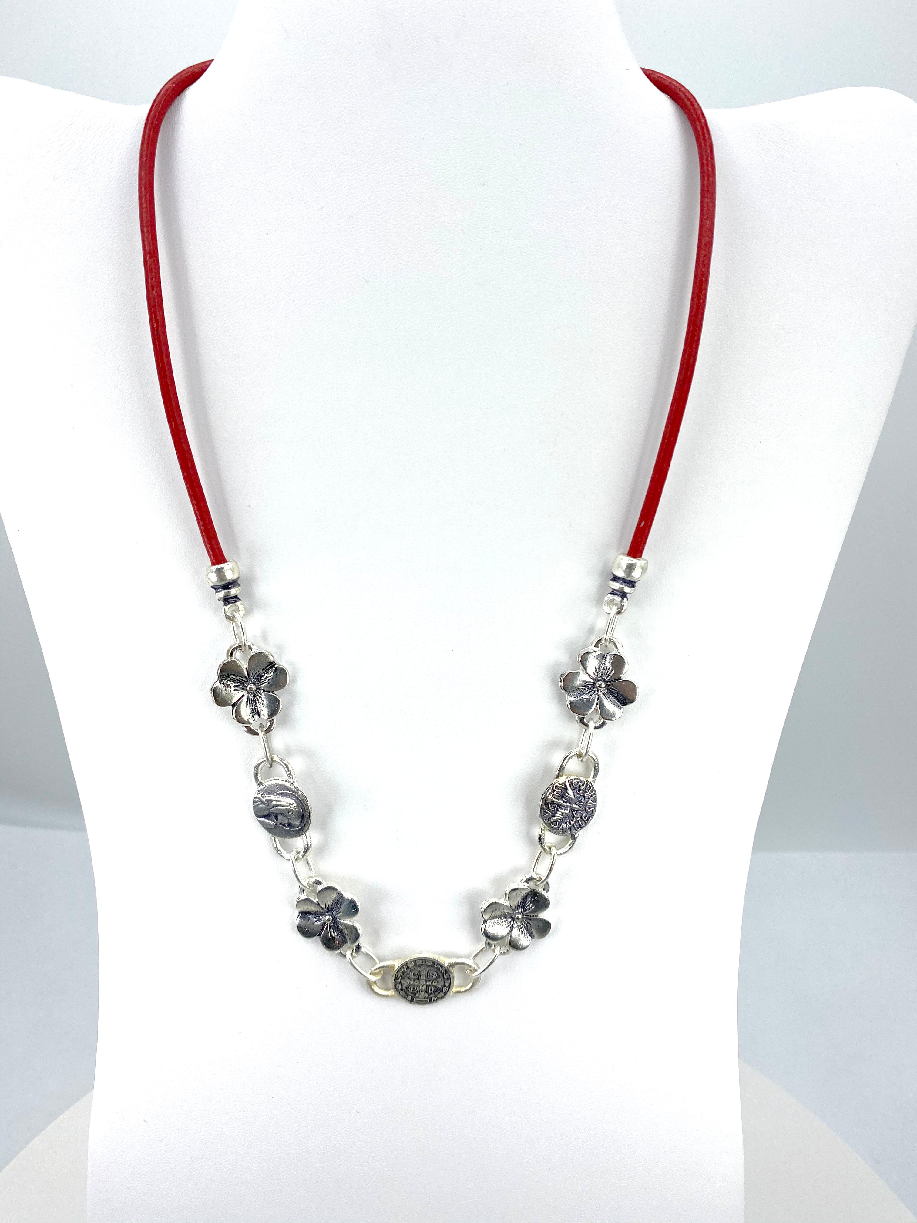 Vintage Flower Necklace of The Virgin Mary, Holy Spirit, and St Benedict Handmade Jewelry with Genuine Leather by Graciela's Collection