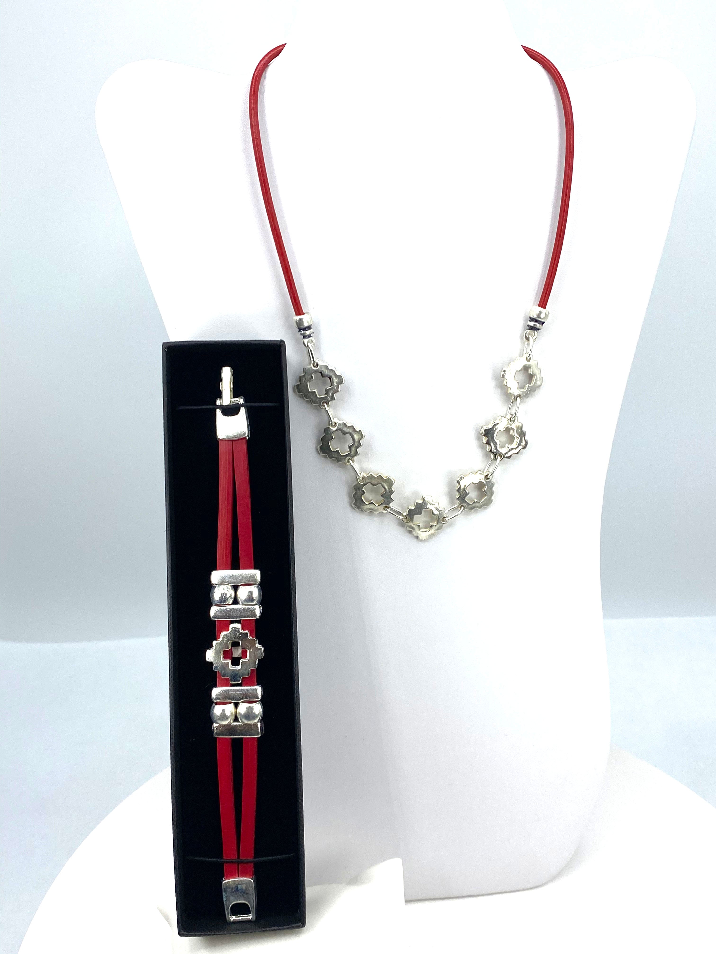 Vintage Cross Necklace and Bracelet Set Handmade Jewelry in Argentina with Genuine Leather Strap by Graciela's Collection