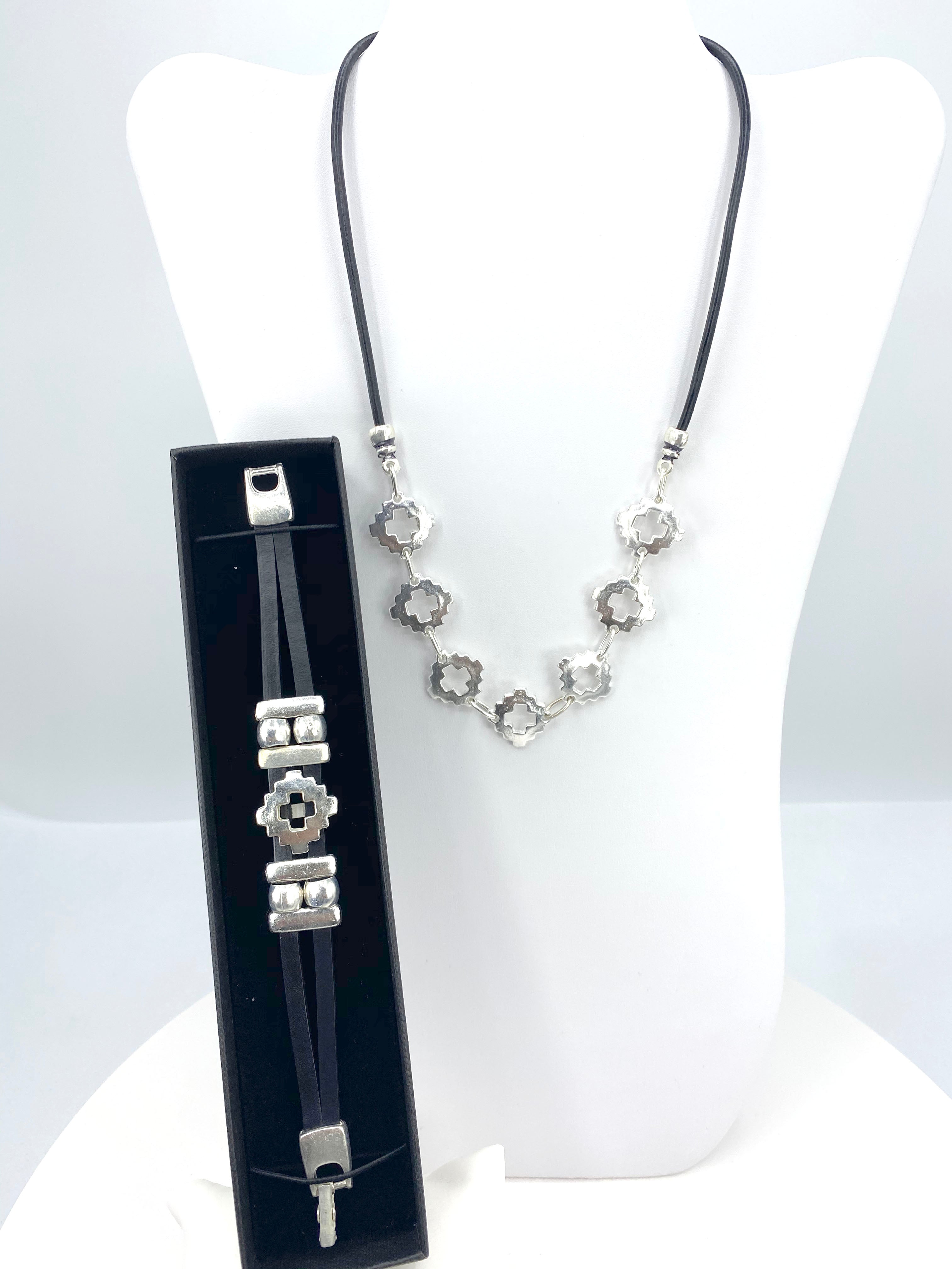 Vintage Cross Necklace and Bracelet Set Handmade Jewelry in Argentina with Genuine Leather Strap by Graciela's Collection