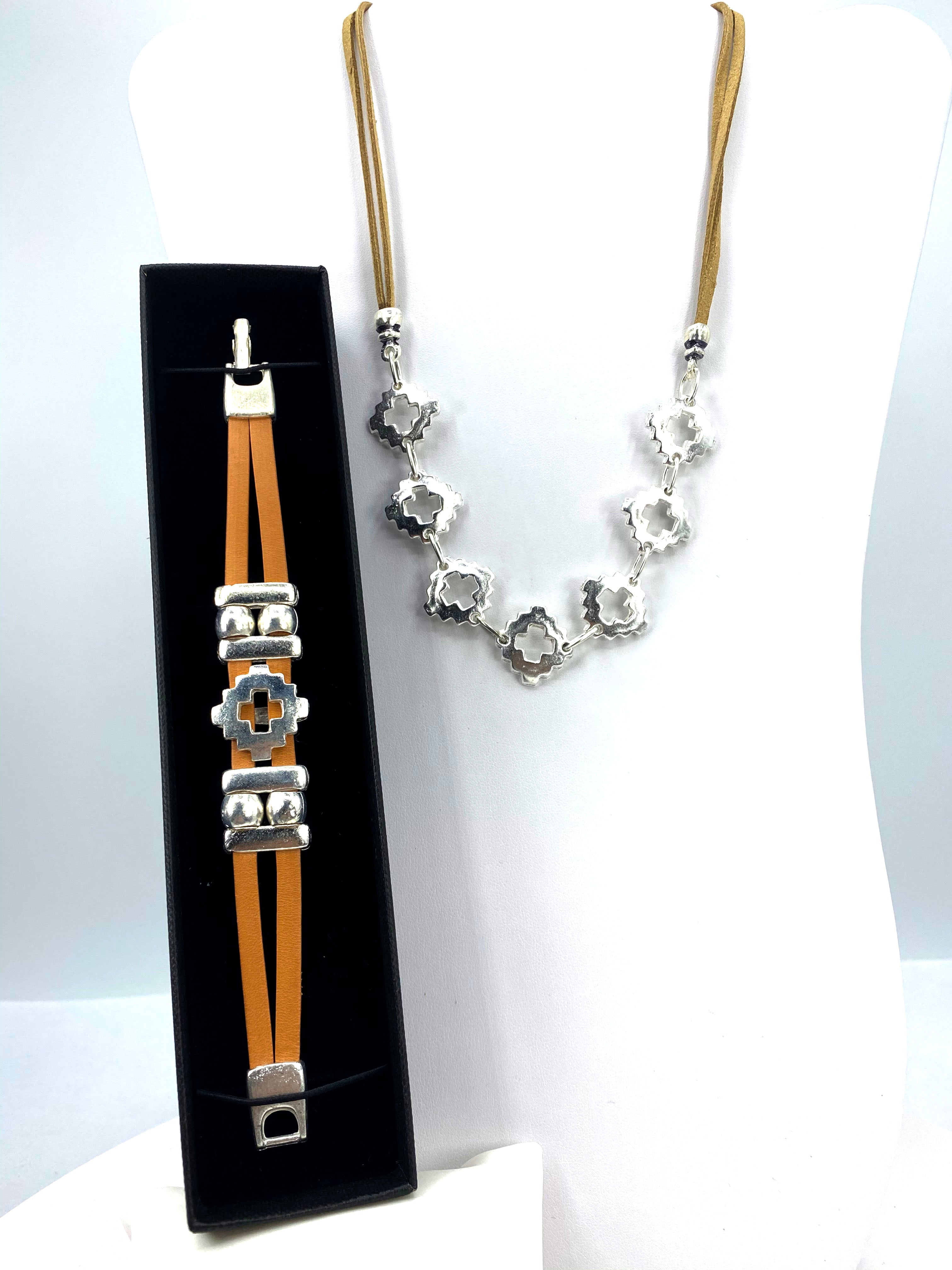 Vintage Cross Necklace and Bracelet Set Handmade Jewelry in Argentina with Genuine Leather Strap by Graciela's Collection