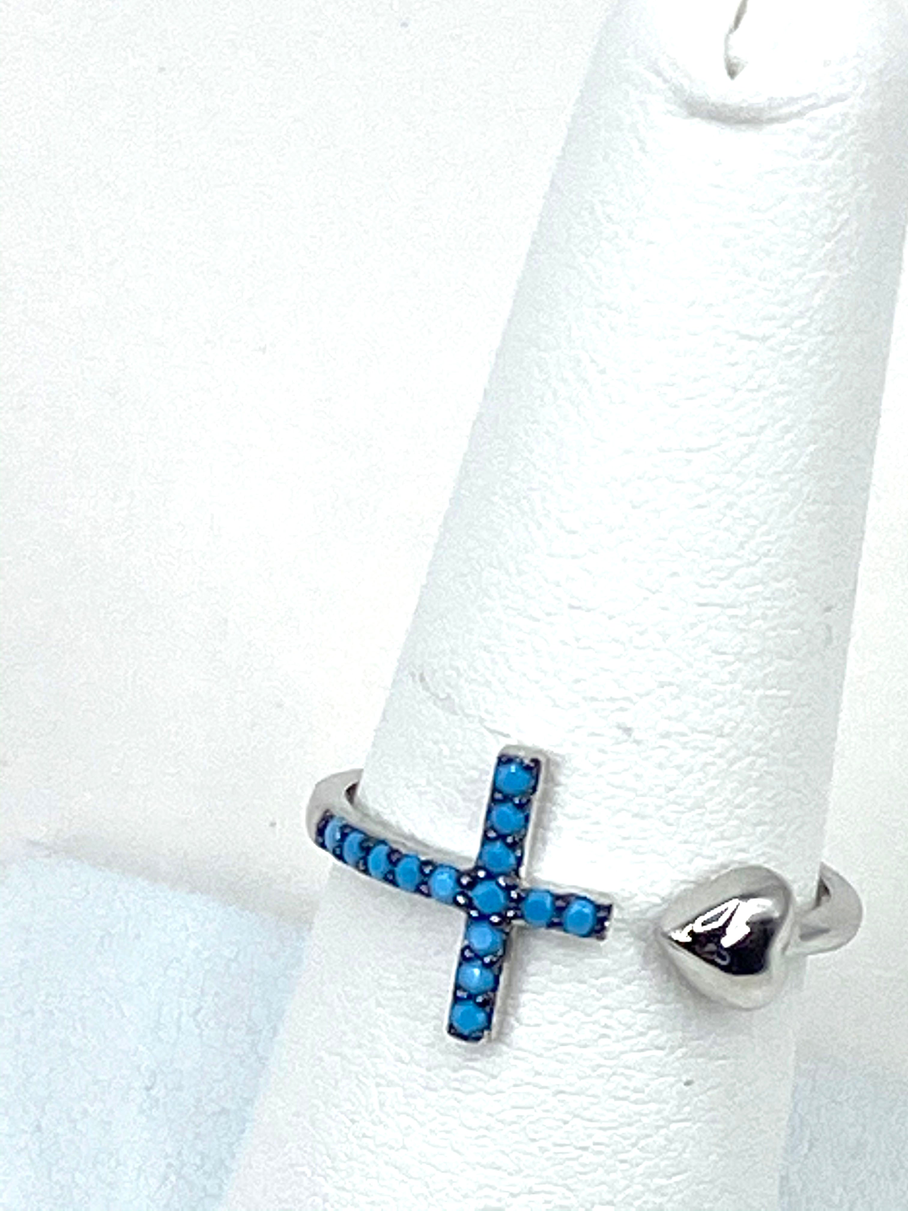 Ring with a Heart and a Turquoise Beads Cross - open back ring