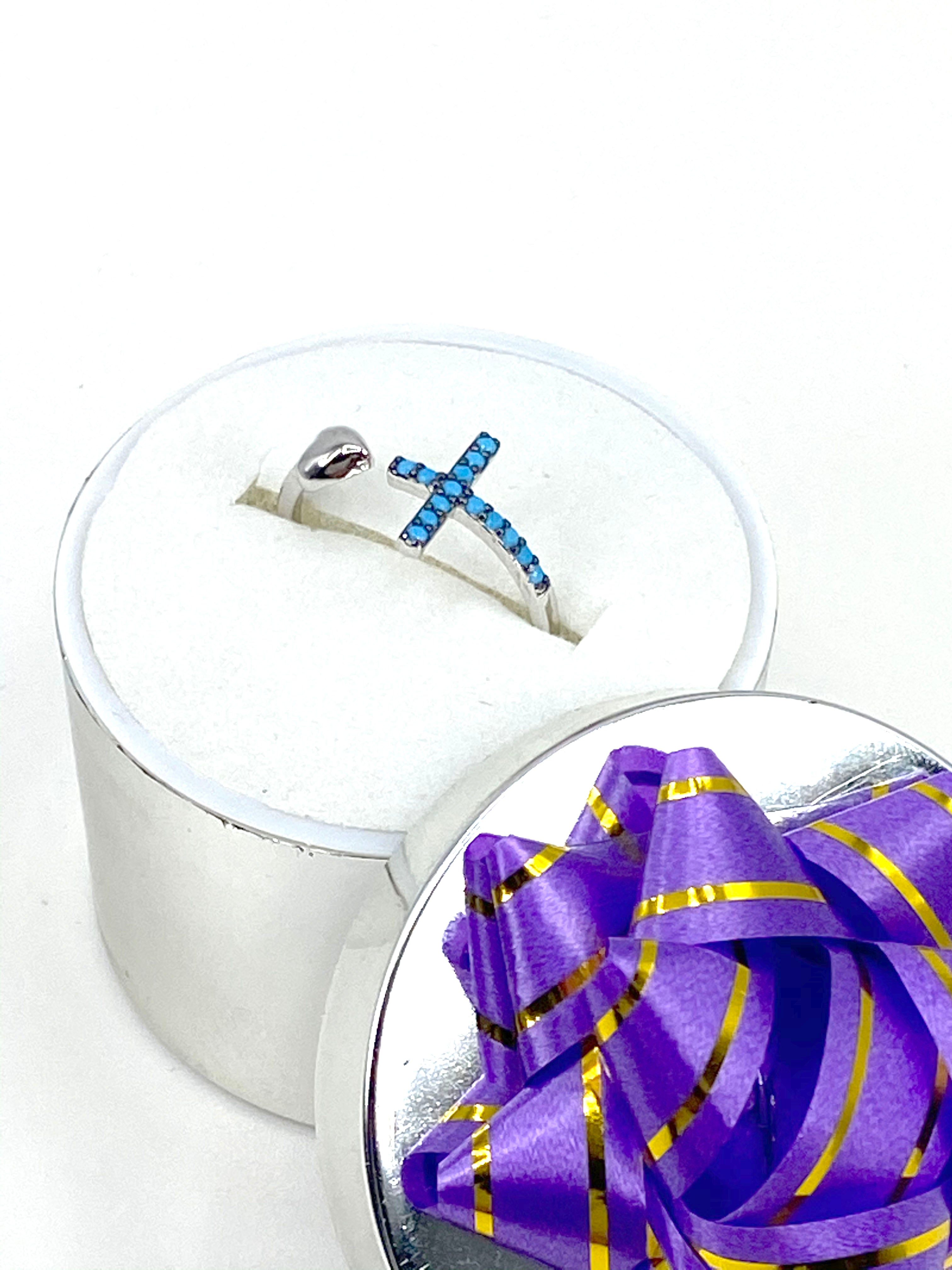 Ring with a Heart and a Turquoise Beads Cross - open back ring
