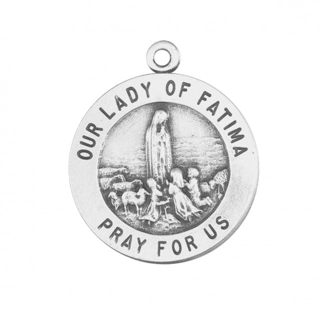 Our Lady of Fatima Round Sterling Silver Medal - Dimensions: 0.7" x 0.6" (18mm x 15mm)