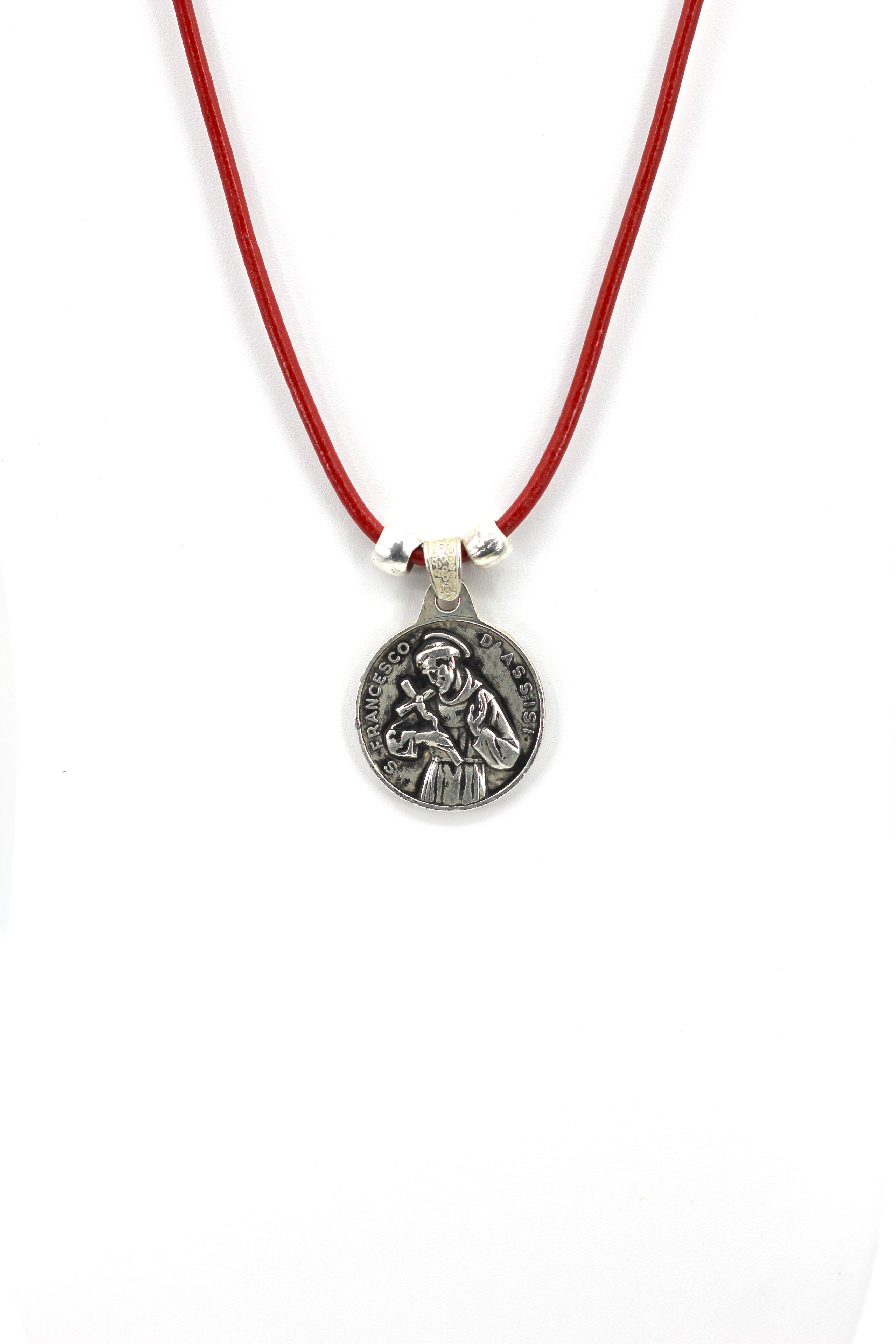 Vintage Necklace of Saint Francis of Assisi Handmade Jewelry with Genuine Leather strap by Graciela's Collection
