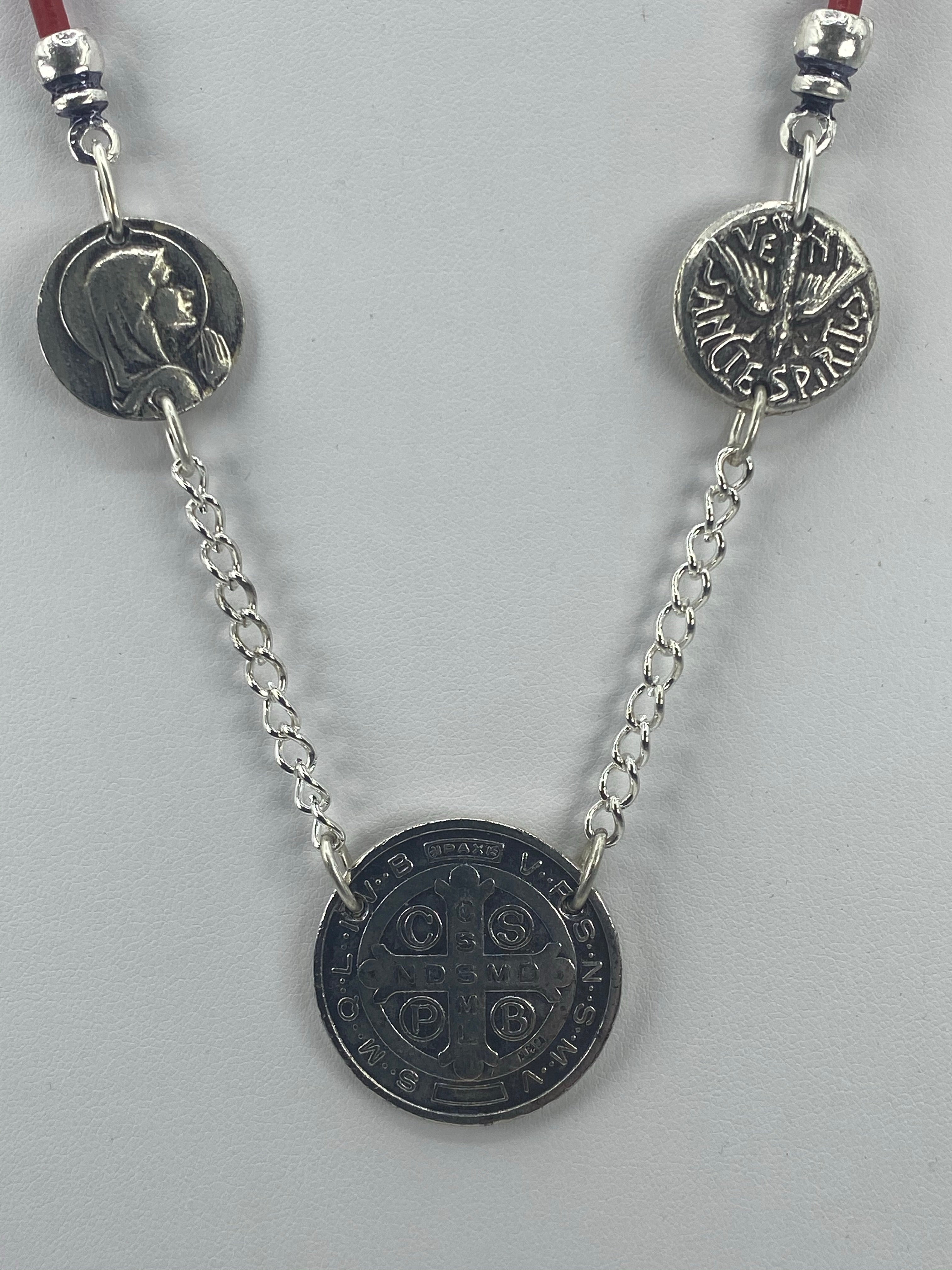 Vintage Necklace of three Medals The Virgin Mary, St Benedict, and the Holy Spirit with Leather