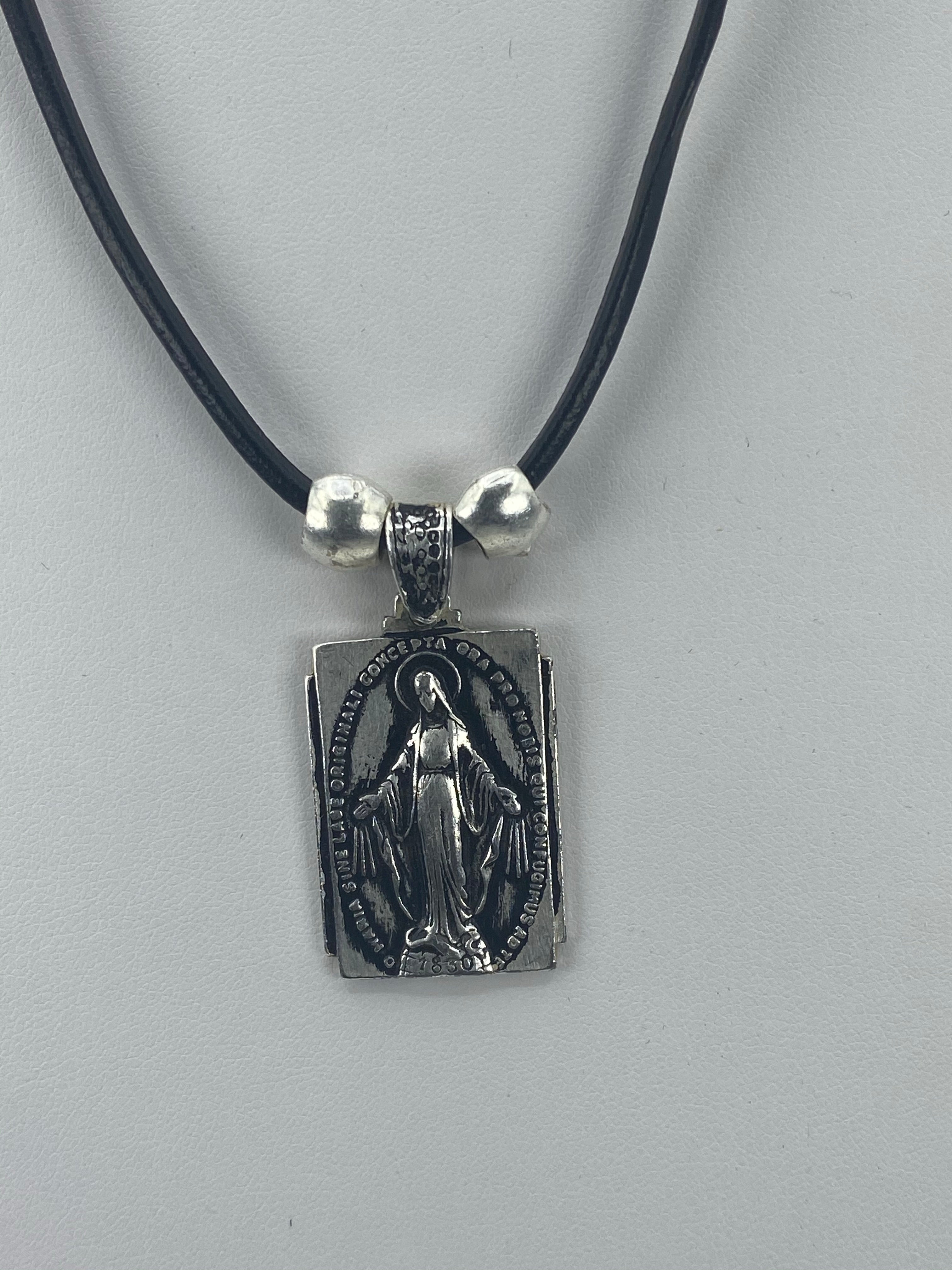 Vintage Necklace Miraculous Virgen Mary Handmade Jewelry with Genuine Leather strap by Graciela's Collection